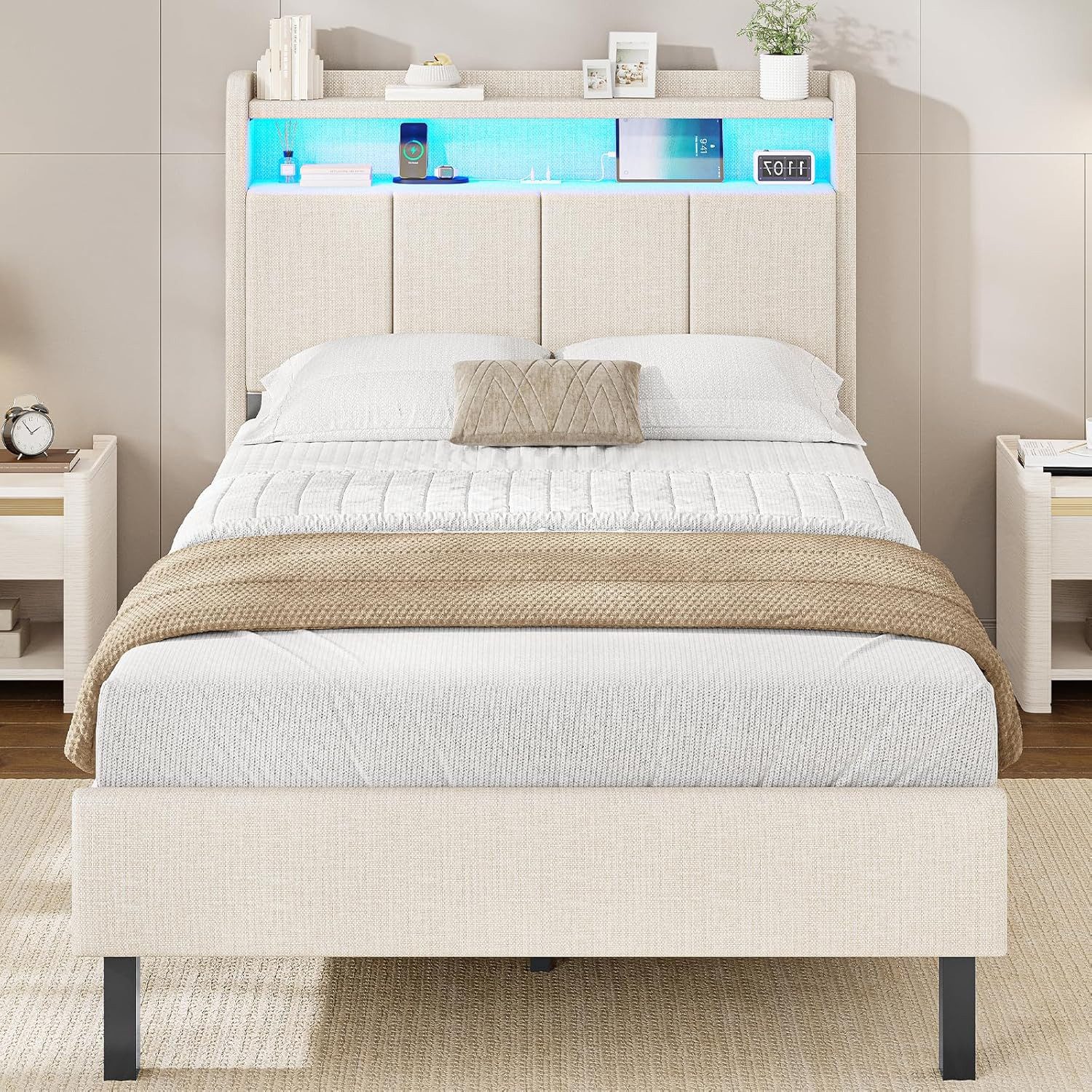 MSMASK Polsterbett mit integrierter LED-Beleuchtung und Ladestation, Stauraumbett (Ohne Matratze), Jugendbett Einzelbett mit Holzlattenrost, 90x200cm