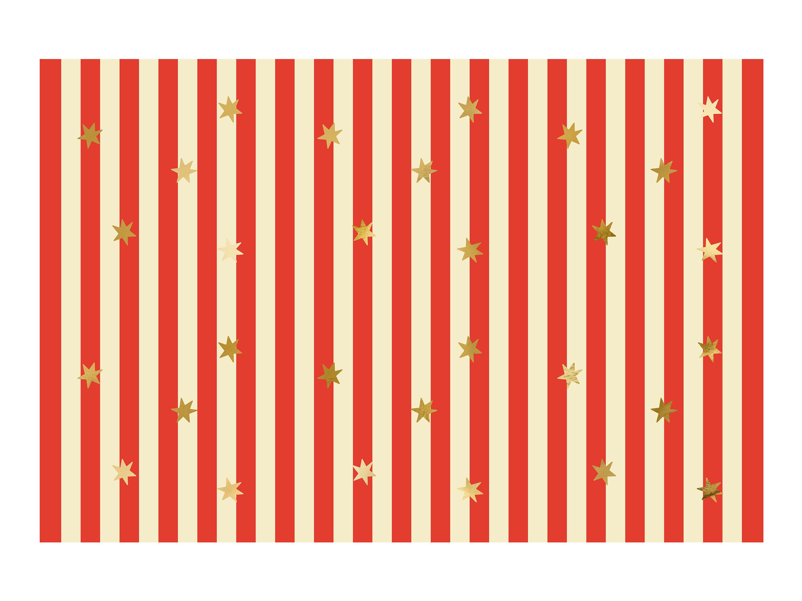 partydeco Вузькі скатертини, Papiertischdecke 180x120cm gestreift mit Sternen Rot / Creme / Gold