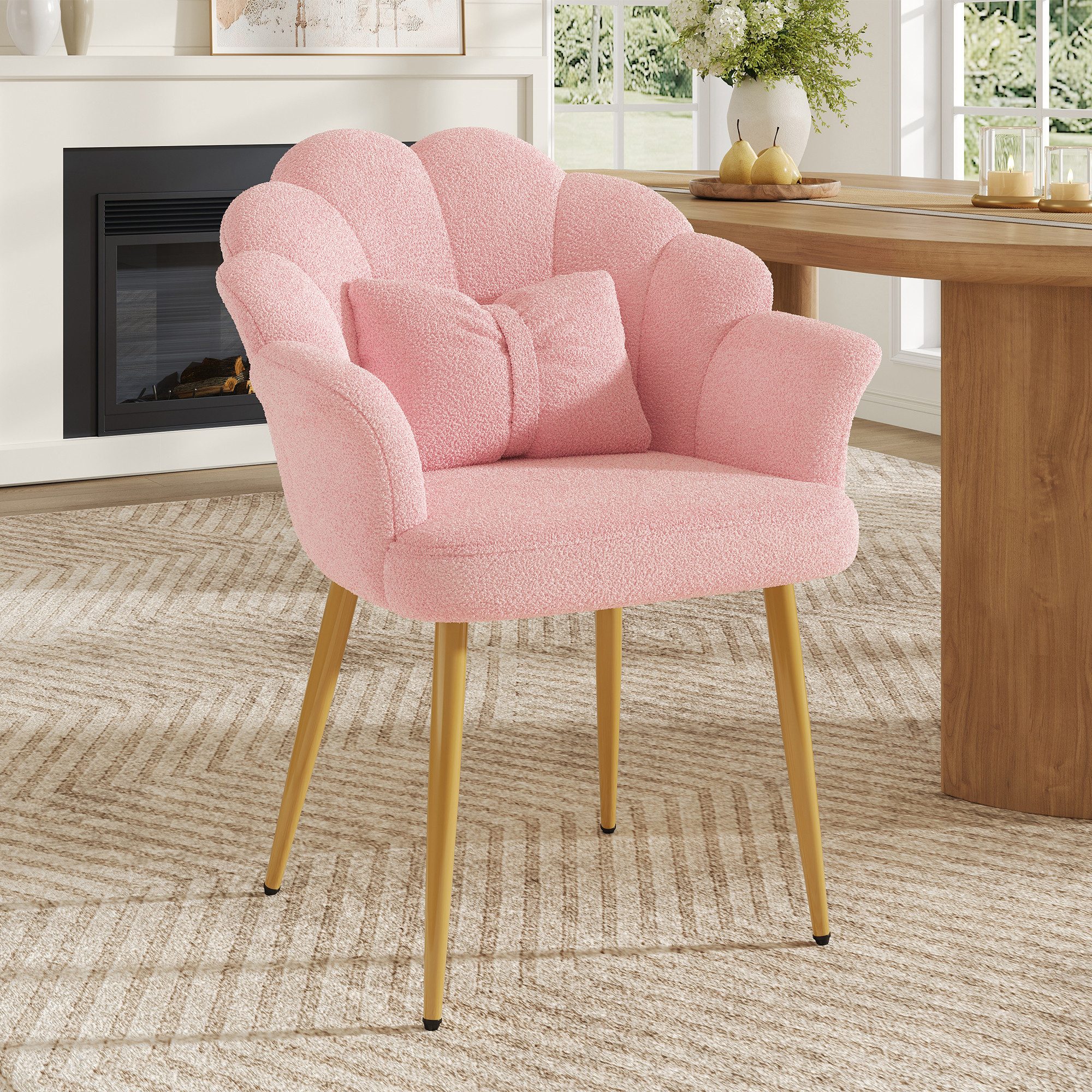 i@home Esszimmerstuhl 1er Set moderne Sessel, gepolsterter Sitz,Teddy-Stoff, 64x65.5x85cm (1 St), mit Blütenblatt-Rückenlehne, Schleifenkissen, Armlehnenstütze, Rosa