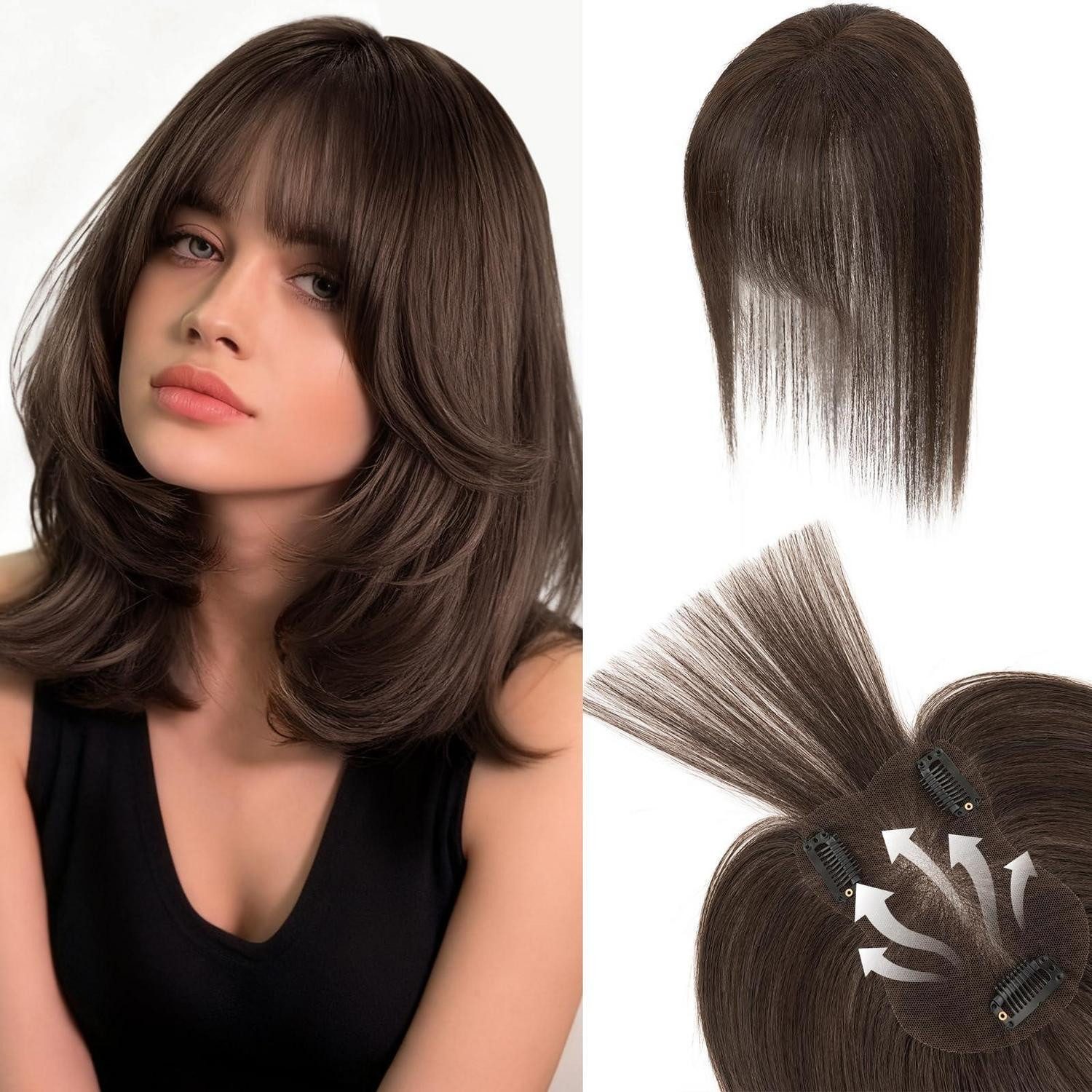 LuxusKollektion Echthaar-Extension Topper Echthaar Damen Clip Haarteile Luftiger Pony 19g Dunkel Braun