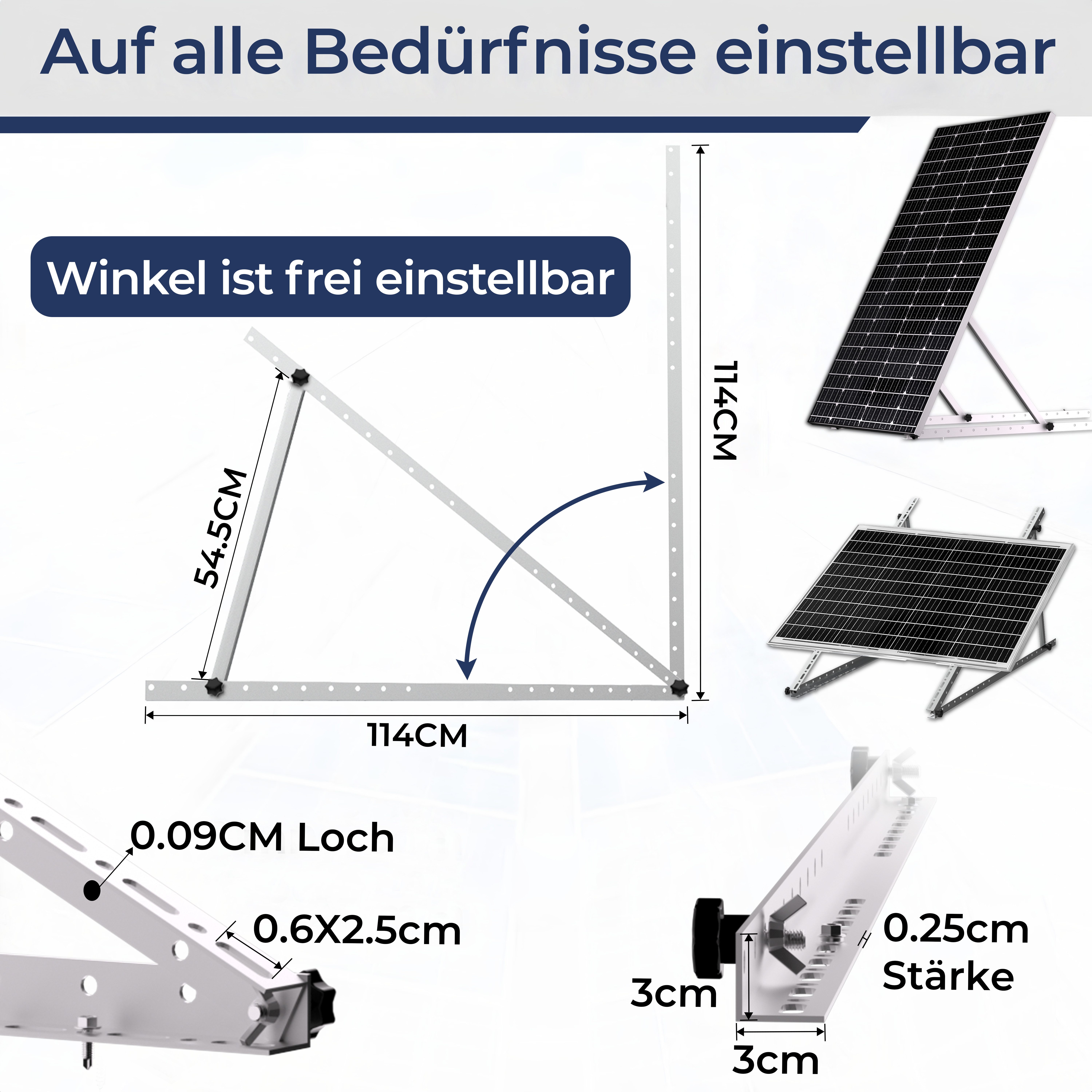 Rhein Beleuchtung Solarmodul Verstellbare Solarmodul-Halterung – 114 cm oder 118 cm, 0 W, Korrosionsbeständige Aluminiumlegierung, (Set, 4-St), 0–90° Neigungswi – Bild 4 von 5