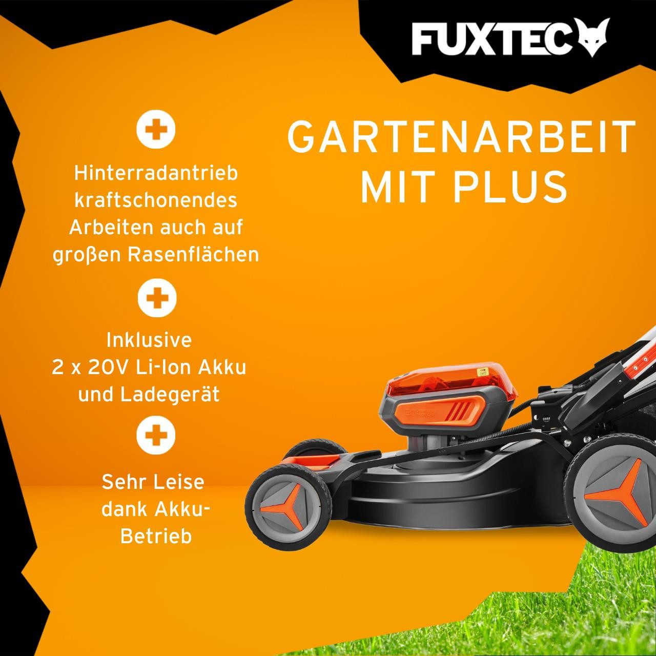 FUXTEC Akkurasenmäher FX-E2RM51SET, 51 cm Schnittbreite, 51 cm Schnittbreite, 50L Fangkorb, 2x 20V Akku, 30mm-90mm, Frontbumper