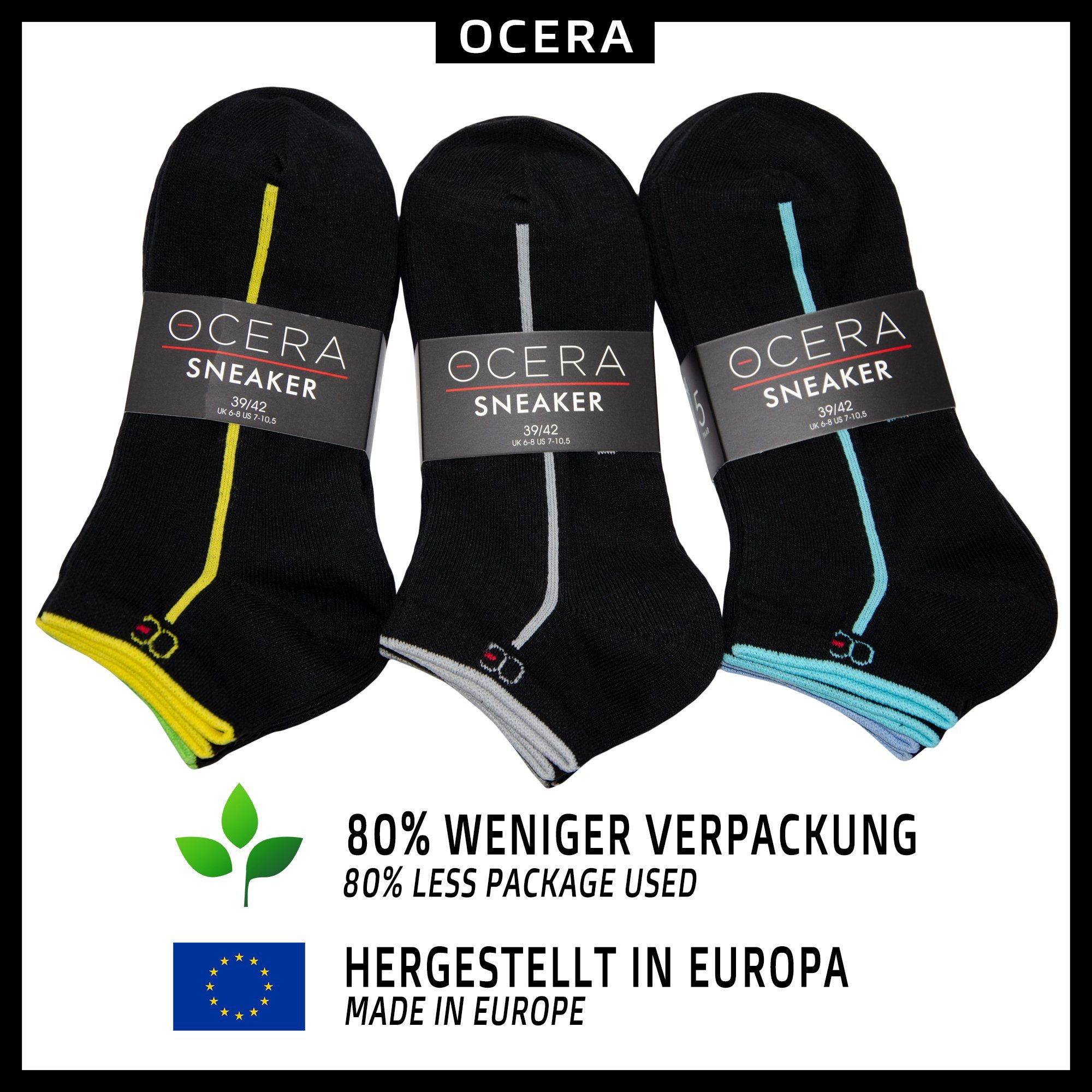 OCERA Sneakersocken Schwarze Sneaker Unisex mit stylischen Streifen und bunten Neon Farben