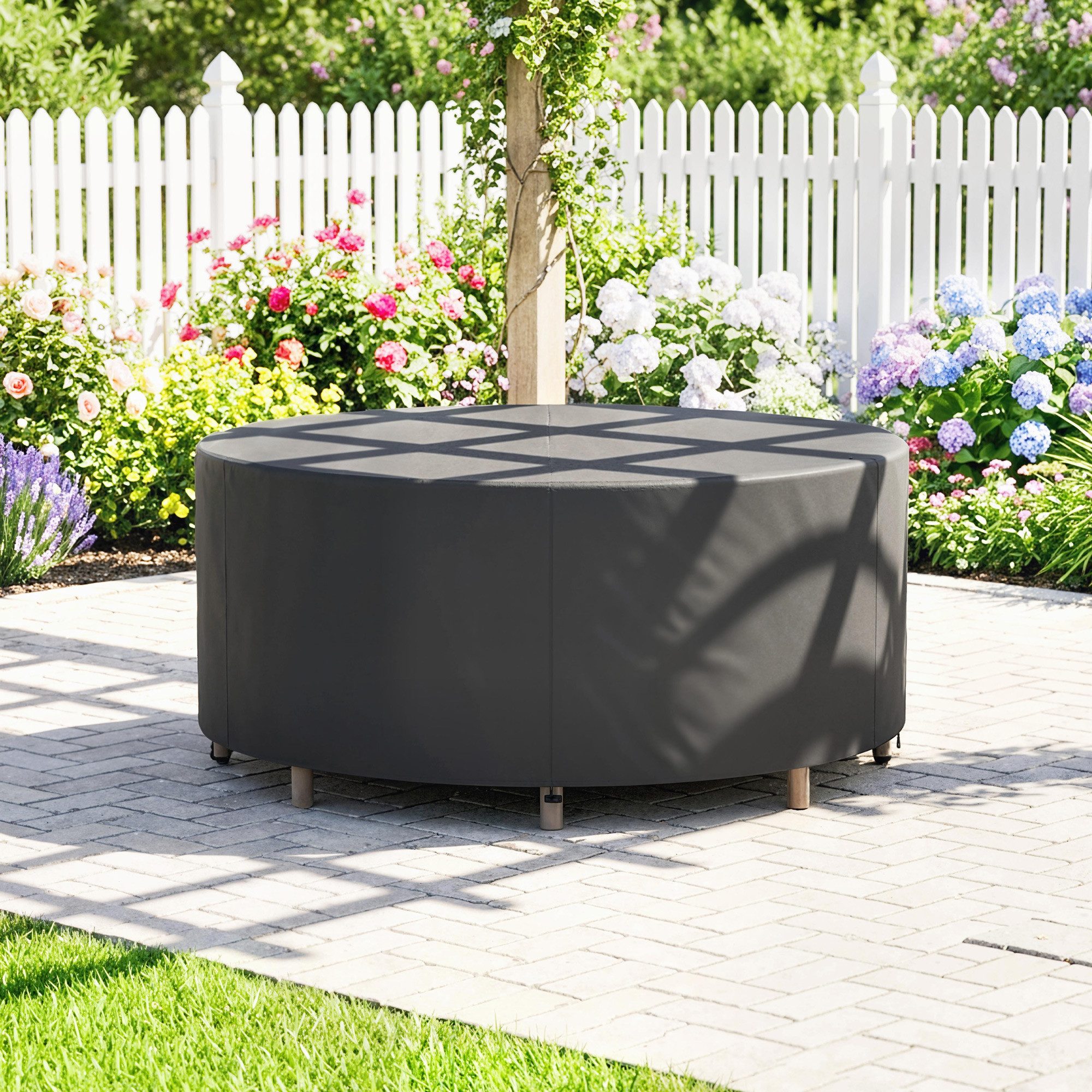 Outsunny Gartenmöbel-Schutzhülle Abdeckplane 420D Oxford Gewebe Abdeckhaube Rund (Wasserdicht Abdeckung, 1-St., Winterfest Abdeckplane), für Gartentische Terrassenmöbel Stapelstühle Ø214 x 70H cm, Schwarz