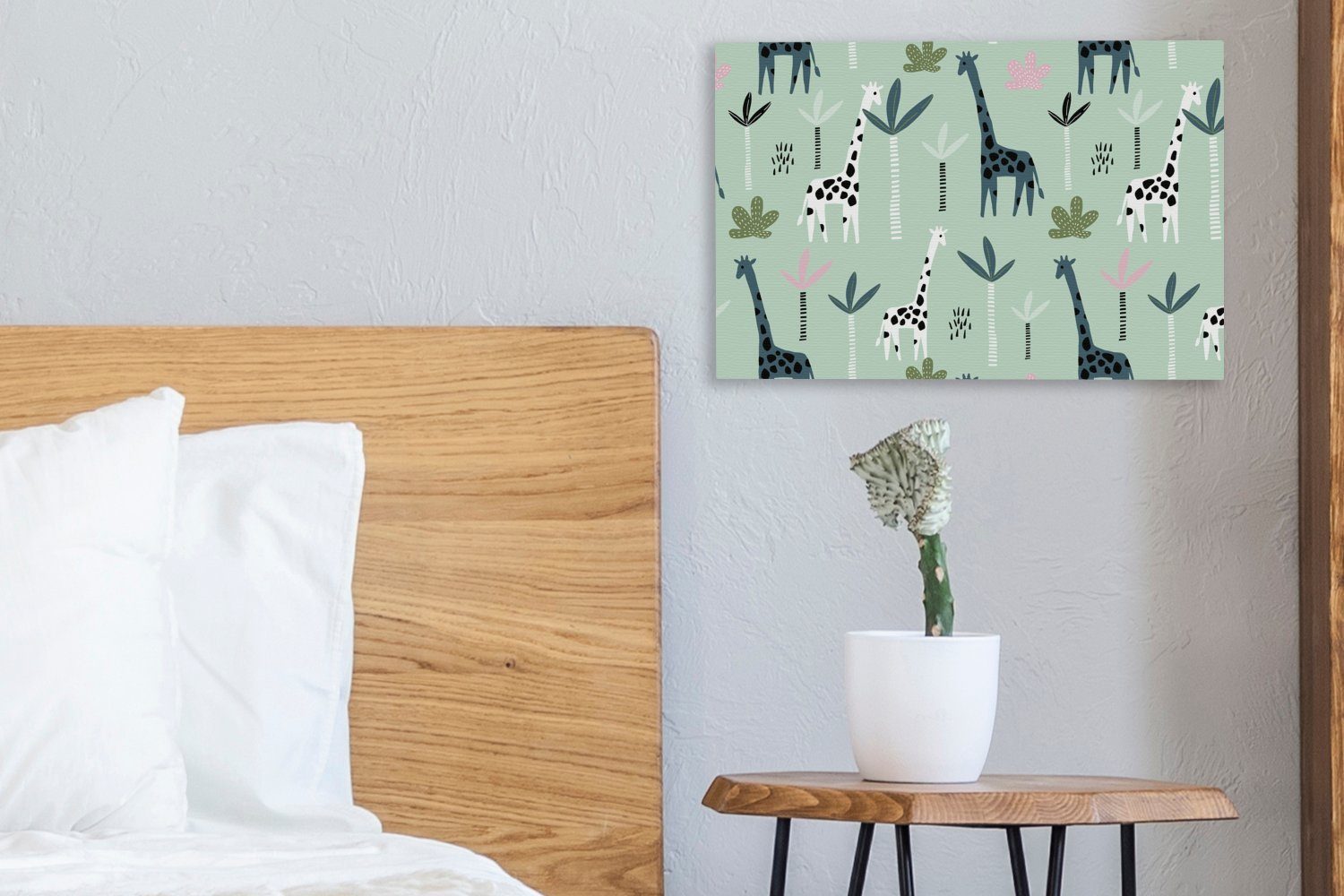 St), - Baum Aufhängefertig, 30x20 (1 Leinwandbilder, Leinwandbild - Wandbild Wanddeko, cm Grün, Giraffe OneMillionCanvasses®