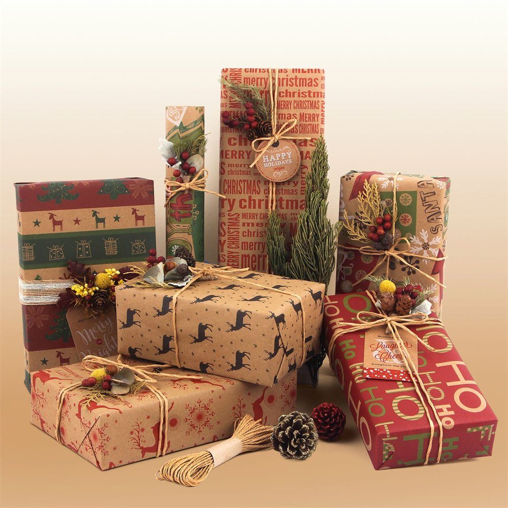 Geschenkpapier Blatt Set, 6 HALWEI Geschenkpapier Geschenkpapier Weihnachten Kraftpapier