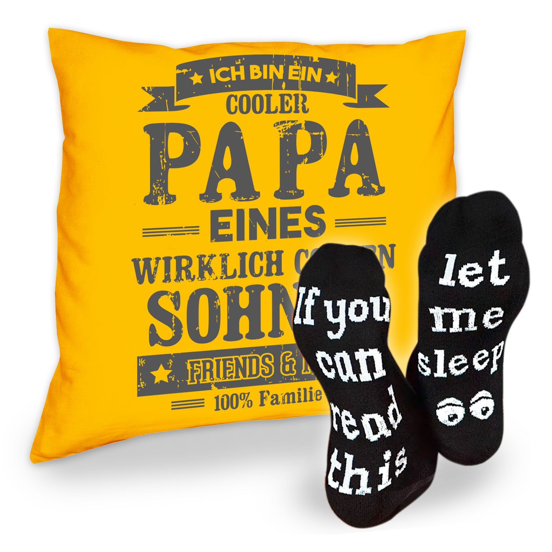 Soreso® Dekokissen Kissen Cooler Papa eines Sohnes & Sprüche Socken Sleep, Geschenkidee Weihnachtsgeschenk gelb