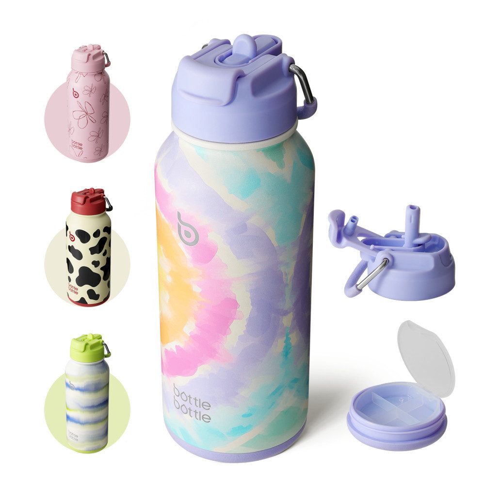 BOTTLE BOTTLE Trinkflasche Edelstahl Trinkflasche mit Strohhalm, auslaufsichere Isolierflasche, für Sport & Fitnessstudio, mit Pillenfach, doppelwandig