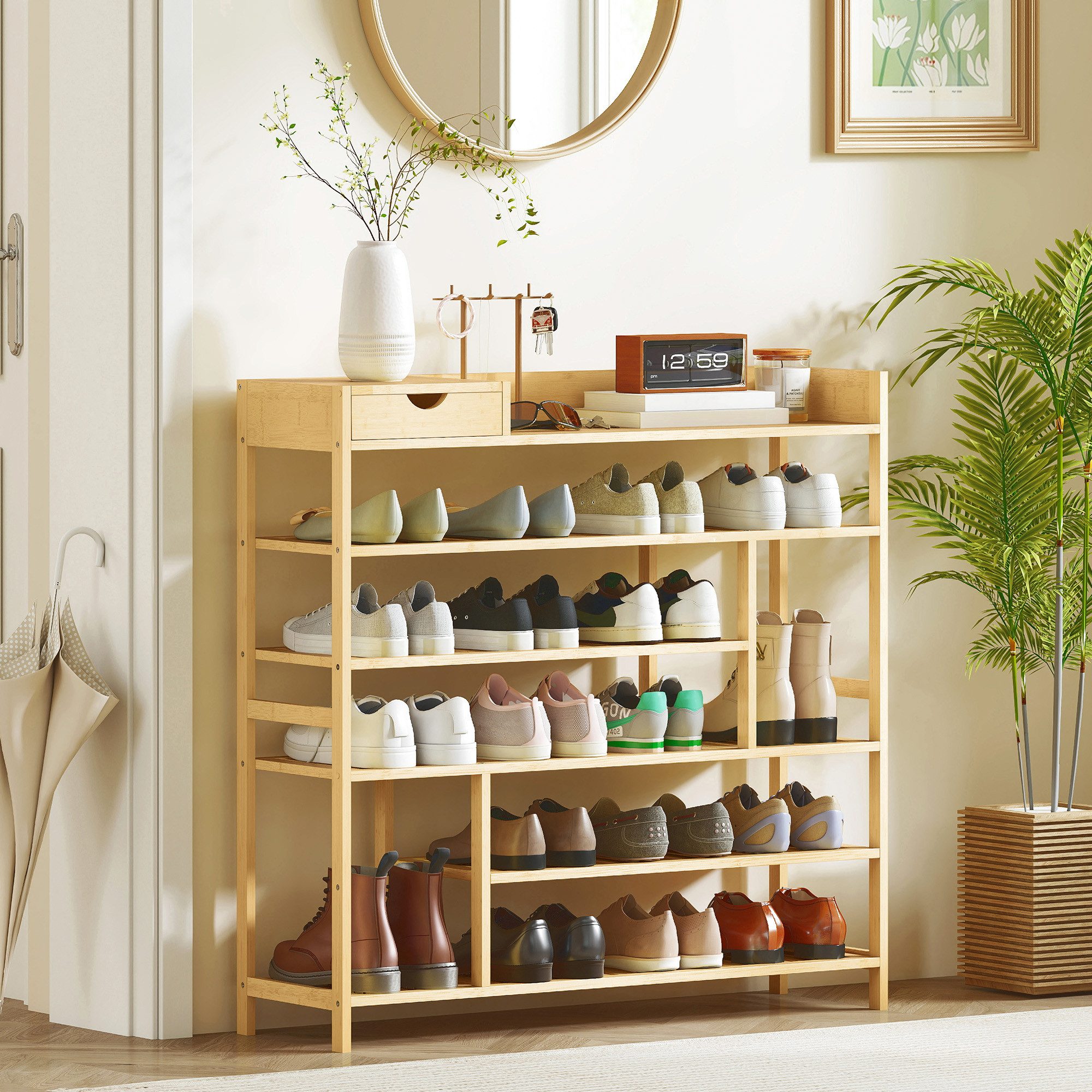 HOMCOM Schuhregal Schuhablage mit 6 Ebenen, Schublade aus Bambus, für 18 Paar, Schuhständer 1-tlg., für Eingang, Schlafzimmer, 101 x 30 x 100 cm, Natur