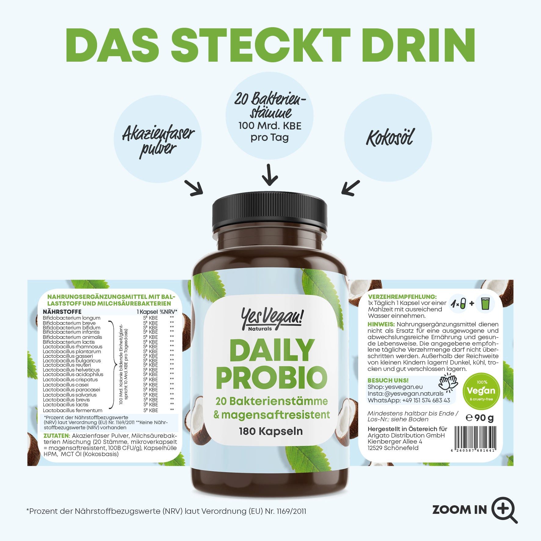 Yes Vegan Daily Probio – 20 Bakterienstämme + Ballaststoffe, 180 Kapseln Kapseln, 1 St., 90 g