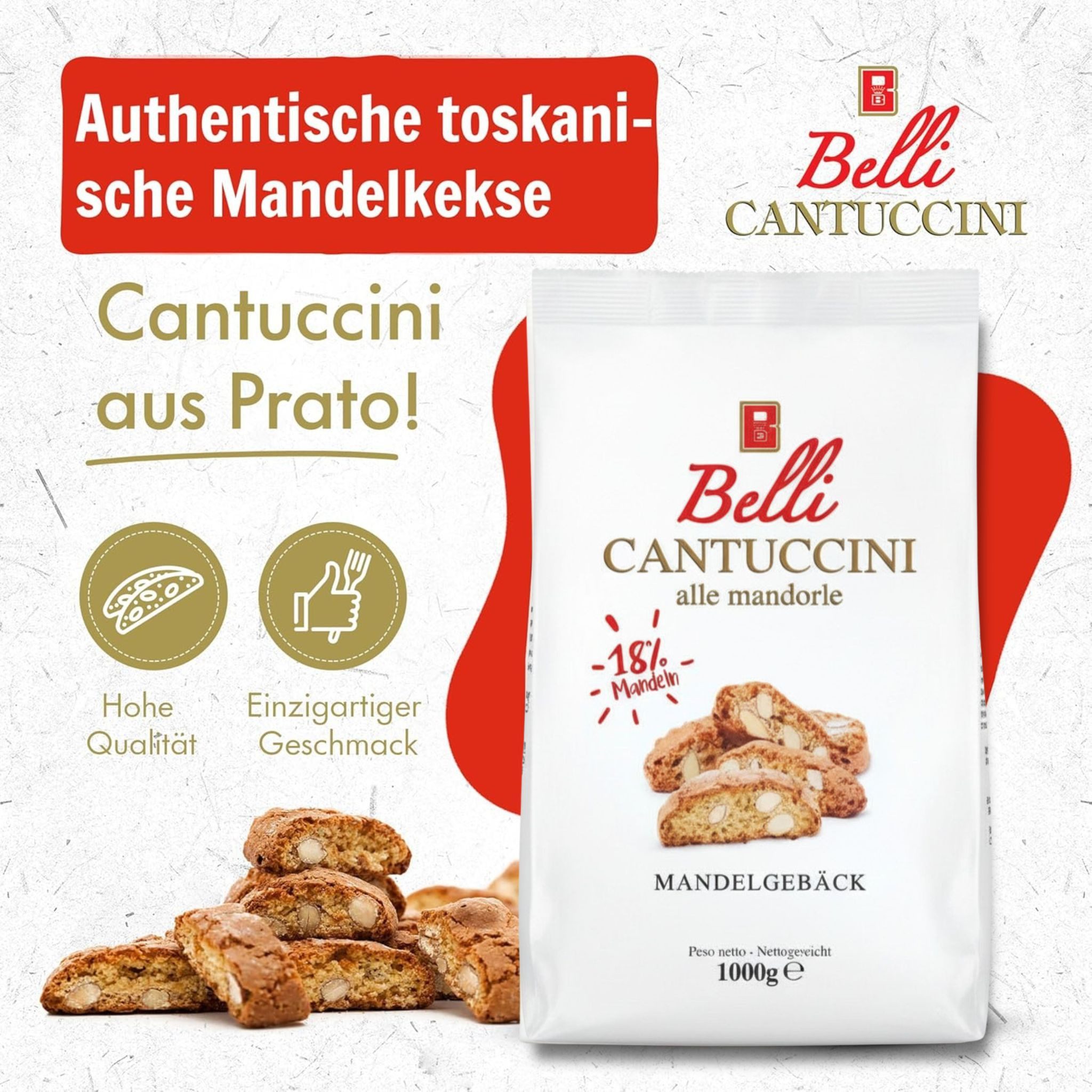 Belli Cantuccini Kekse Belli Cantuccini Mandelgebäck 4x1000g, 4 x 1000 g, (4x 1Kg Großverpackung, mit 18% Mandelanteil, doppelt gebacken, italienische Tradition)