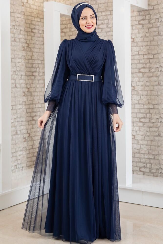 Abendkleid Maxikleid mit Kleid Modavitrini Hijab langärmliges Damen Abaya Tüllkleid Blau Navy Abiye Gürtel
