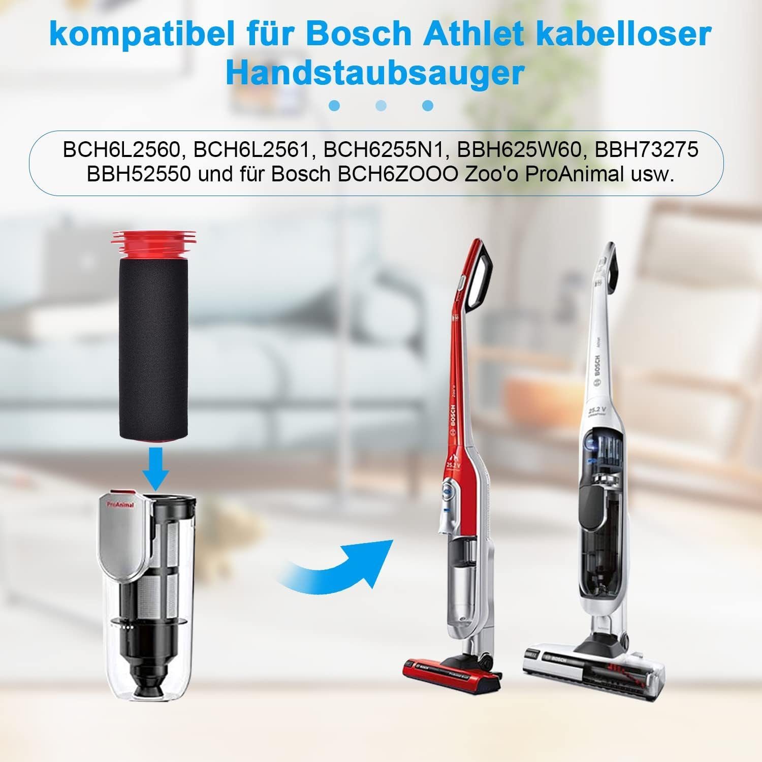 BCH6 Ersatzteile Bosch, Zubehör Staubfilter Waschbare Bosch für Zoo'o Filter BCH6ZOOO Stück Akku-Staubsauger Serie Athlet Schaumstofilter, für ProAnimal 3 Haiaveng für