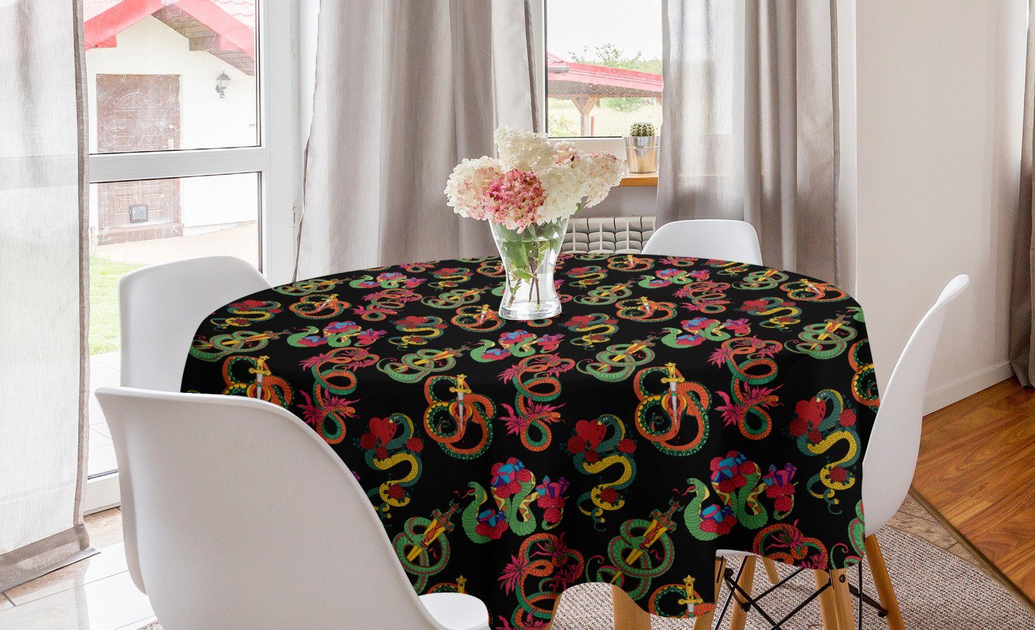 Abakuhaus Tischdecke Kreis Tischdecke Abdeckung für Esszimmer Küche Dekoration, Drachen Bunte Zier Schlangen