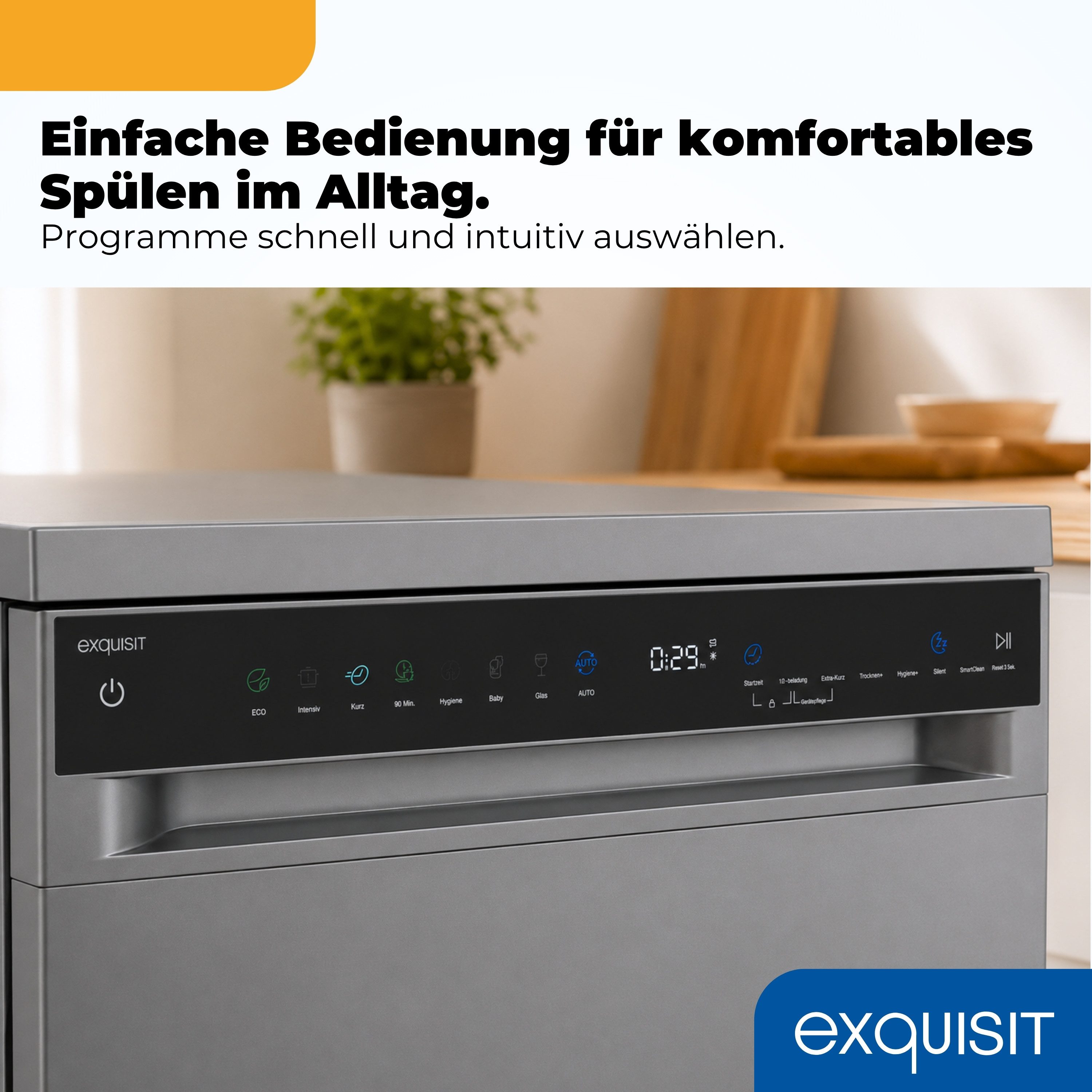 exquisit Standgeschirrspüler GSP9316-450C silber, 10,9 l, 16 Maßgedecke, 16 Maßgedecke, LED, Besteckschublade, Auto Door Open, AquaStop – Bild 5 von 5