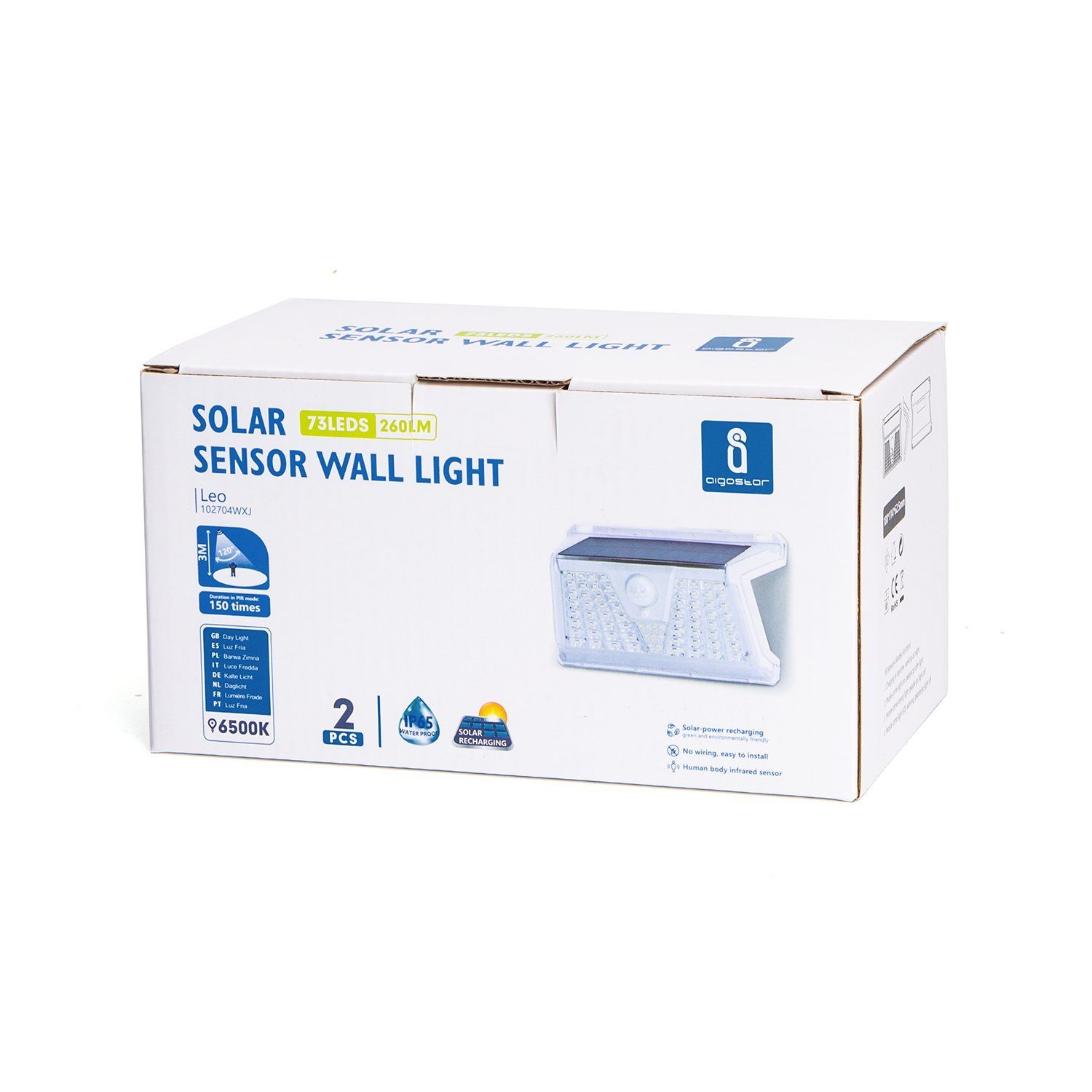 Sensor Lumen Solar 260 Kaltweiß Pack Outdoor Aigostar 73LEDS 2er LED Außen-Wandleuchte 6500K