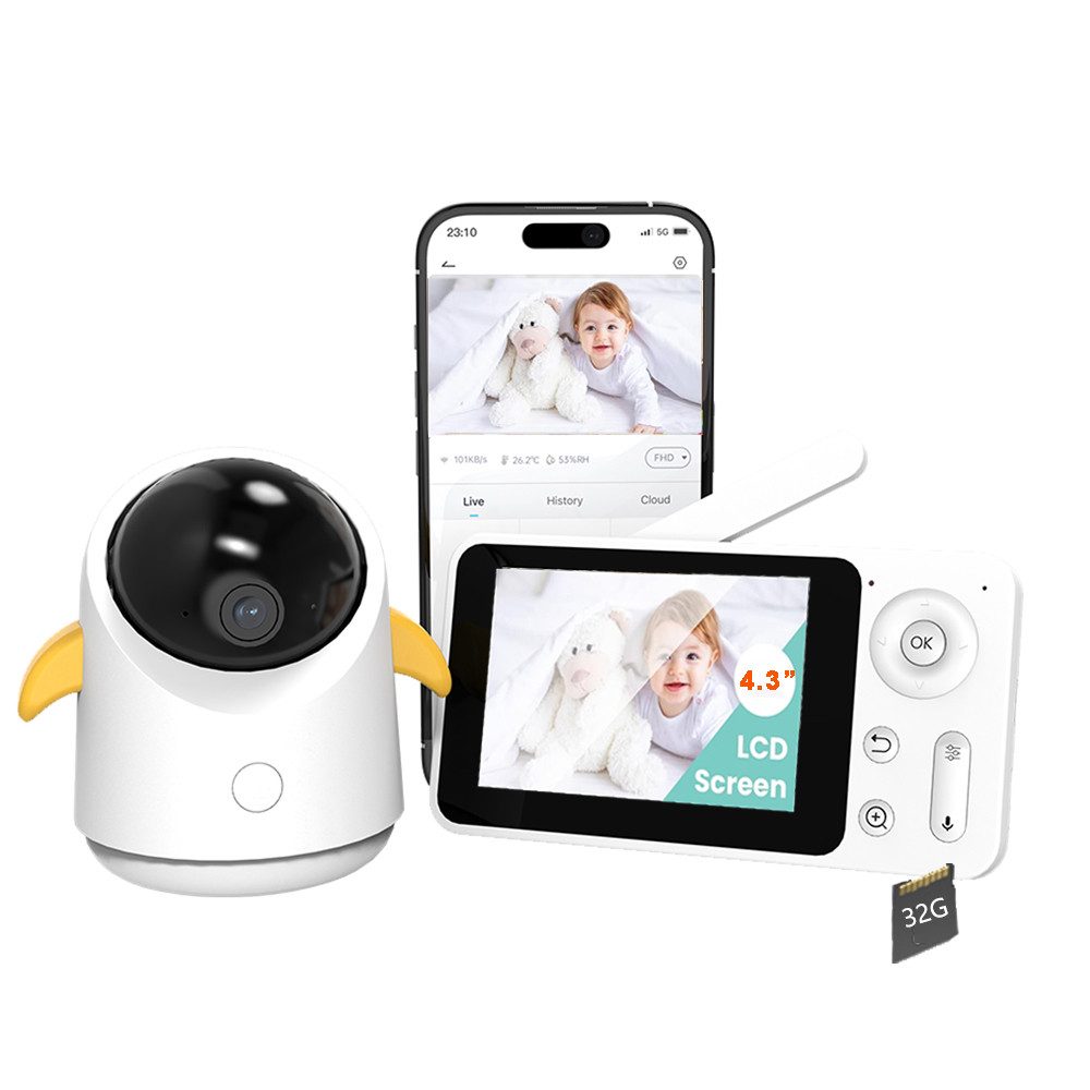 Babyphone 2MP Babyphone mit Kamera und APP 360 Grad 4.3" mit 32G Speicher Karte