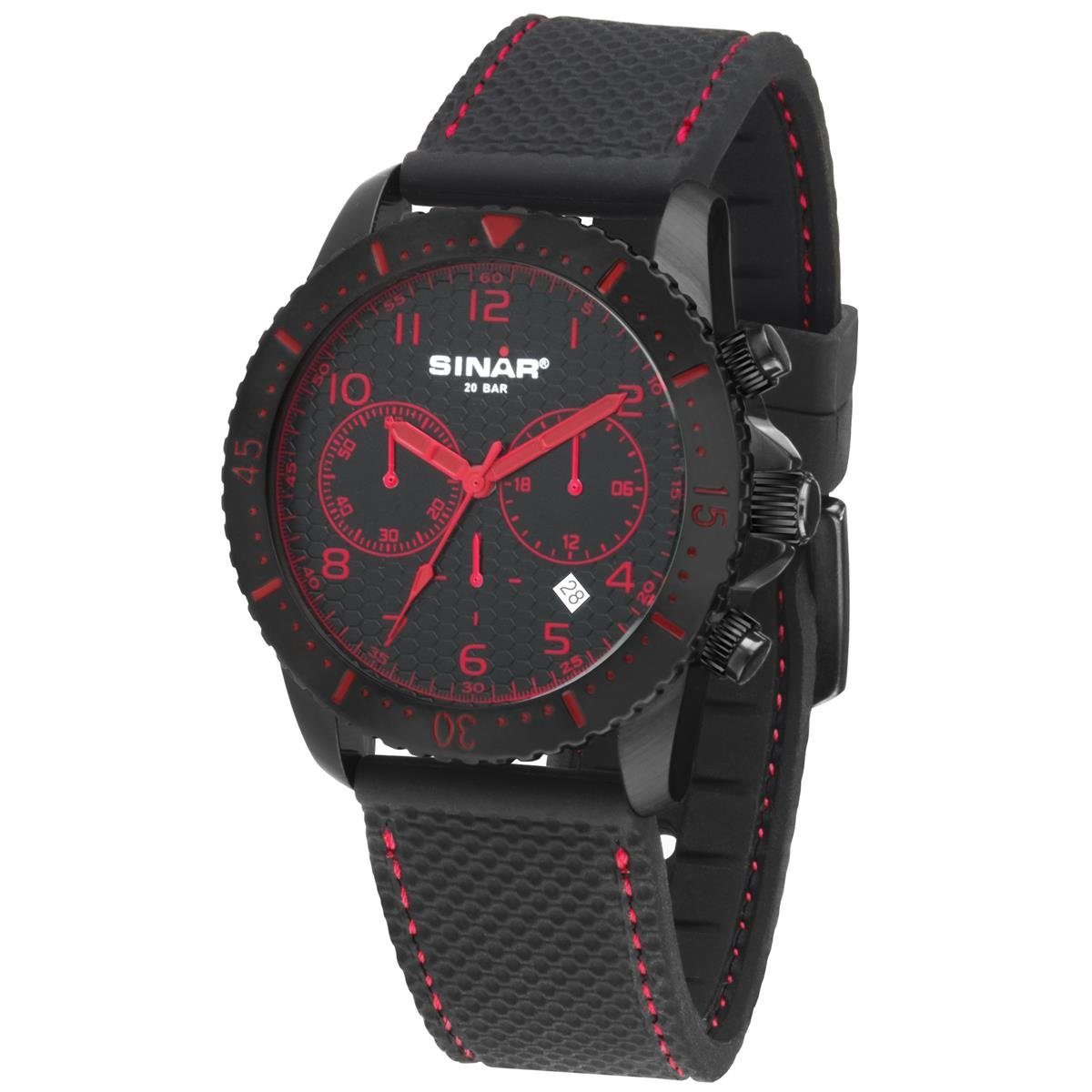 SINAR Chronograph Sinar Herren Uhr TC-23-4 Chronograph, Silikonband mit  roter Naht, wass, (1-tlg)