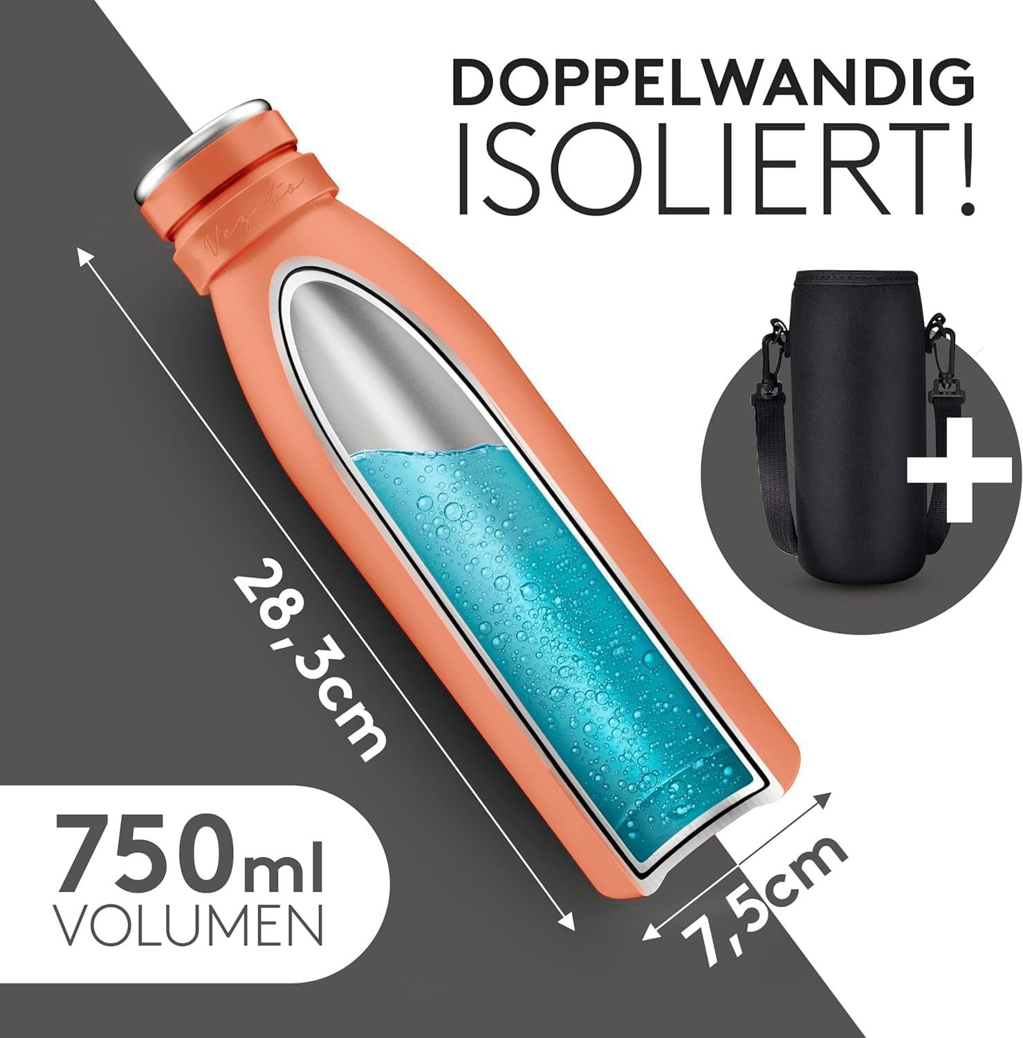 Vezato Isolierflasche Trinkflasche Edelstahl - BPA-freie Thermo Trinkflasche 500-1000ml, mit Tragegurt - auslaufsichere Thermosflasche spülmaschinenfest