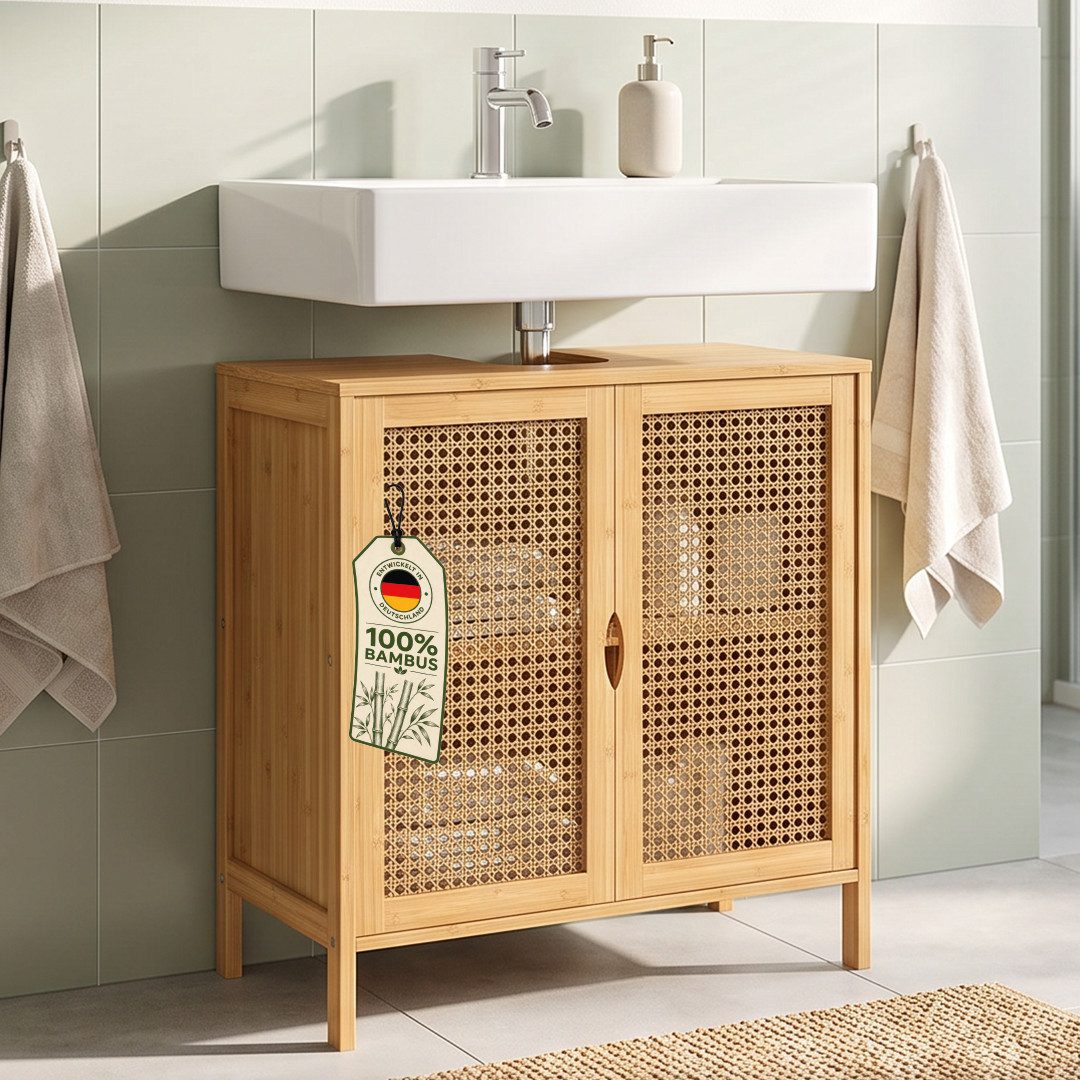 Bellamio Badregal Raba, Badschrank aus Bambus & Rattan, mit Flügeltüren, 48×29×60 cm, Waschbeckenunterschrank mit 2 Fächern & 2 Türen, robst und langlebig