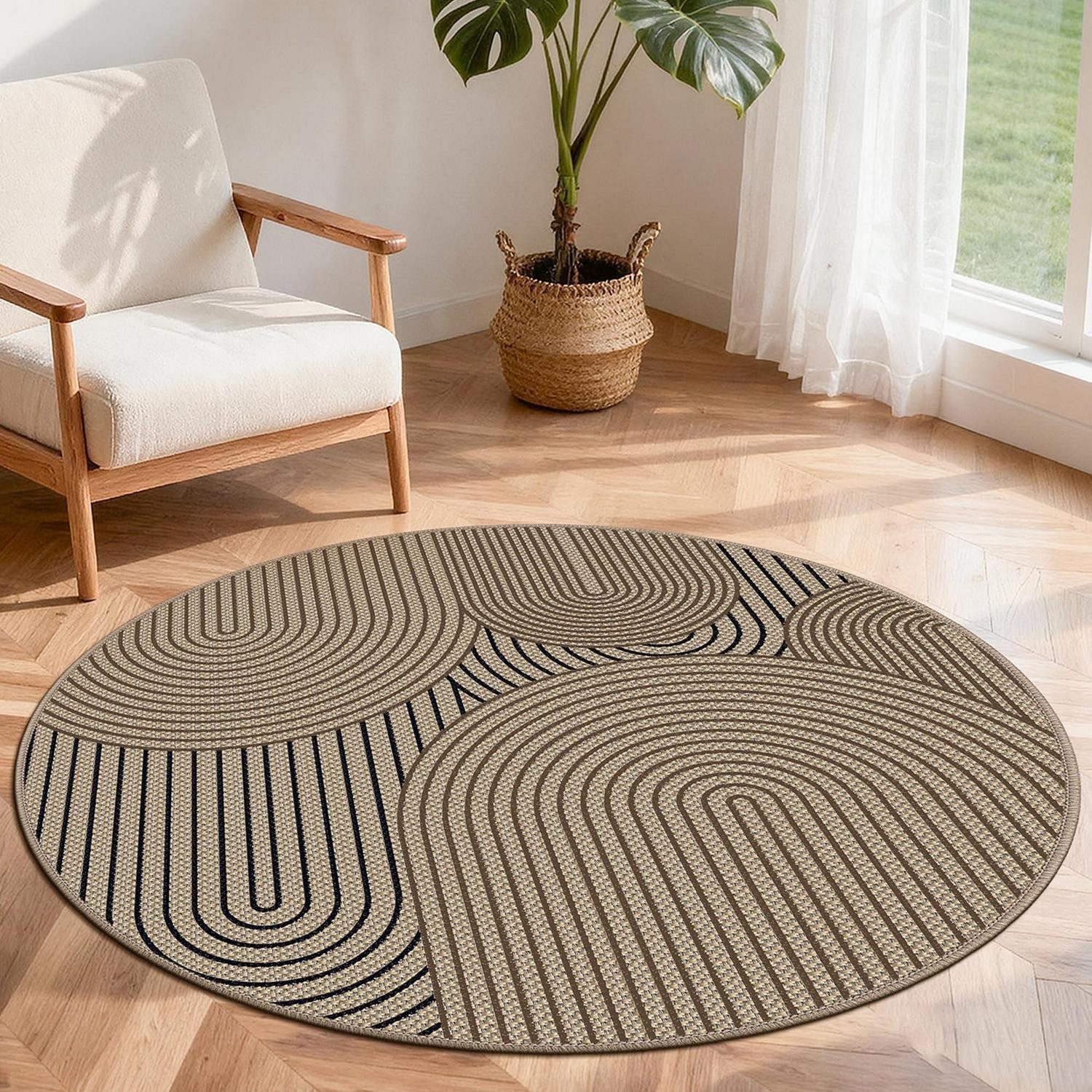 LuxusKollektion Outdoorteppich Teppich rund 120cm Jute-Optik Boho Braun-Schwarz, rund, Höhe: 10 mm