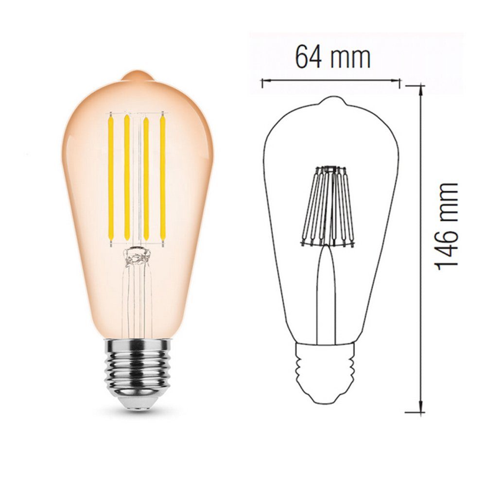 LED Lumen Lampe 6W Leuchtmittel LED-Leuchtmittel Kelvinn Dimmbar sockel Form Amber Kegel, LED E27 Birne 515 ST64 Warmweiß, Dimmbare E27 Filament Braytron Leuchtmittel Filament 2200