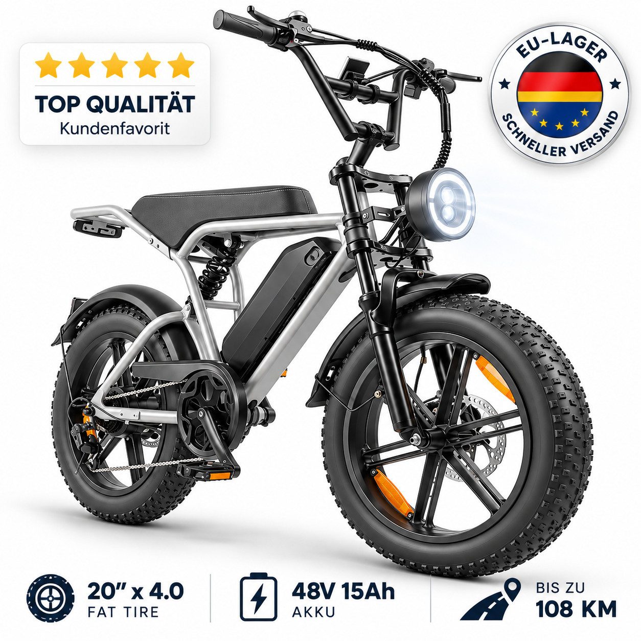 ELEKWHEELS E-Bike Fatbike 20" Fatbike, 48V 15Ah Akku bis 108km, 250W Motor 80Nm, 7 Gang Shimano, Kettenschaltung, Vollfederung