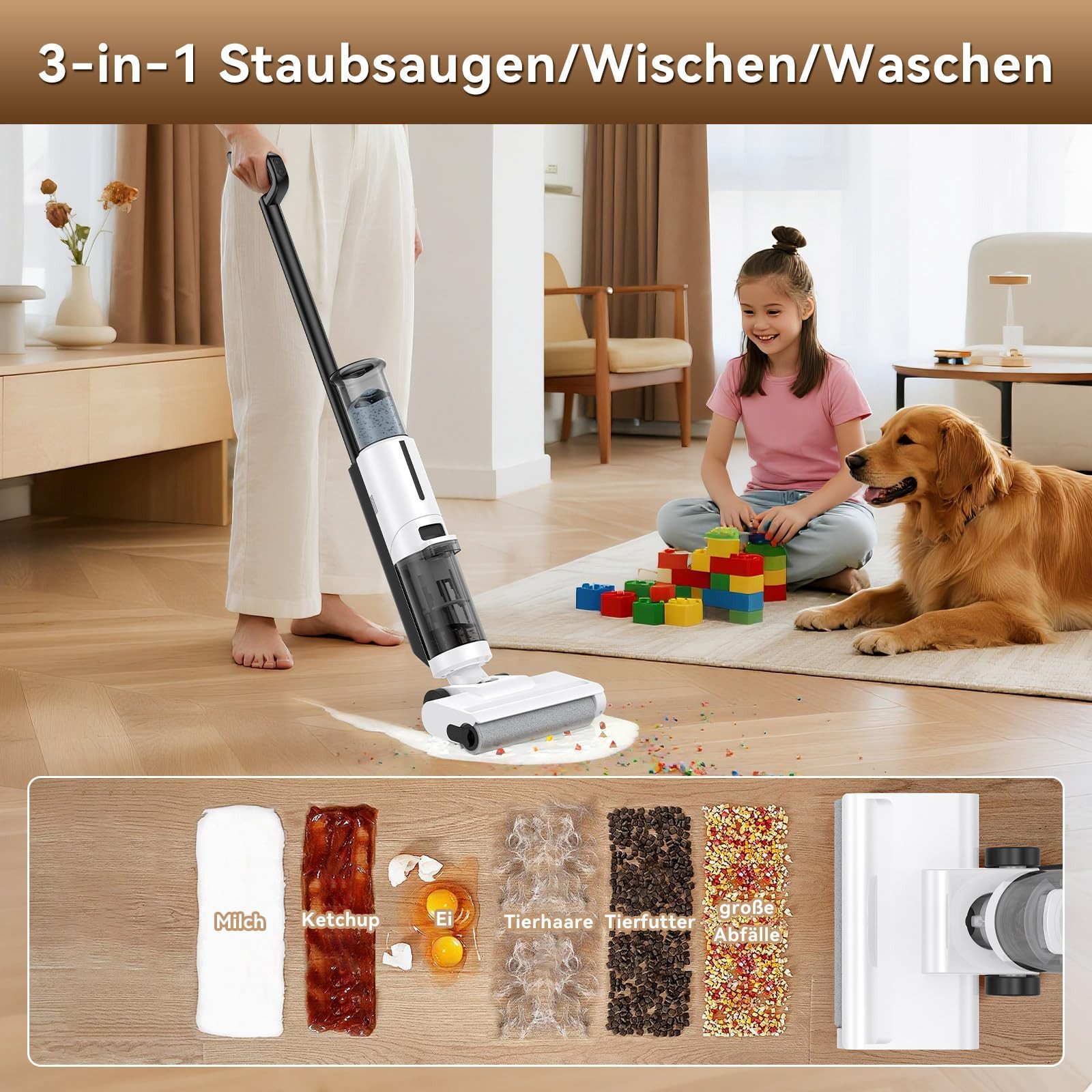 JONR Nass-Trocken-Akkusauger ED12 Lite 1mm Kantenreinigungsbürste, Selbstreinigung Wischsauger, 3,5kg Ultraleicht Staubsauger für haare, 750mL Wassertank, Anti- – Bild 5 von 5