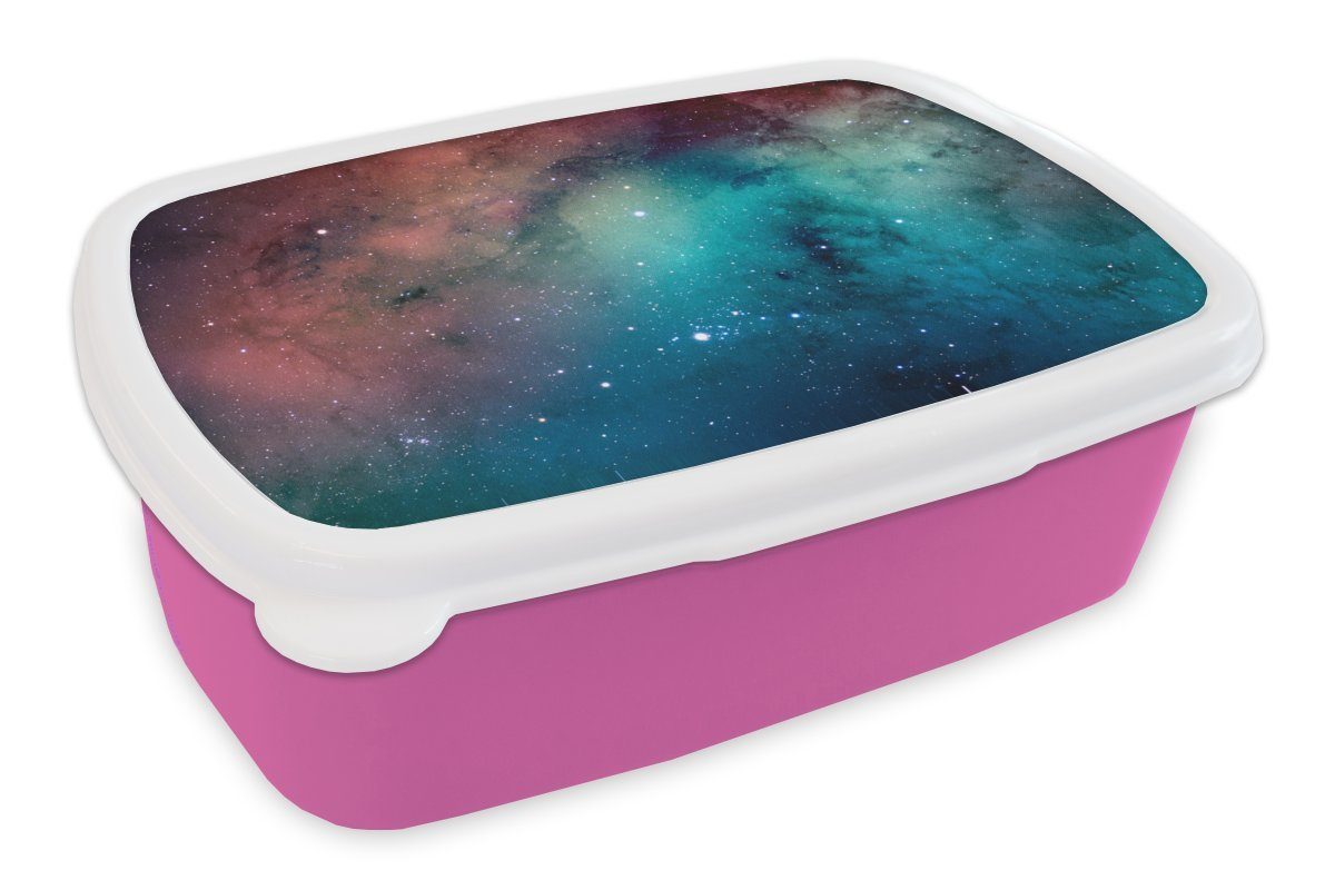 MuchoWow Lunchbox Aquarell - Sternenhimmel - Blau - Orange, Kunststoff, (2-tlg), Brotbox für Erwachsene, Brotdose Kinder, Snackbox, Mädchen, Kunststoff rosa