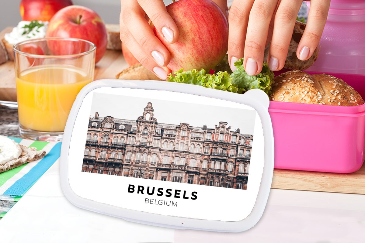 MuchoWow Lunchbox Belgien - Brüssel Huizen, Brotdose (2-tlg), rosa Kinder, Kunststoff, Brotbox für Erwachsene, Mädchen, Snackbox, - Kunststoff