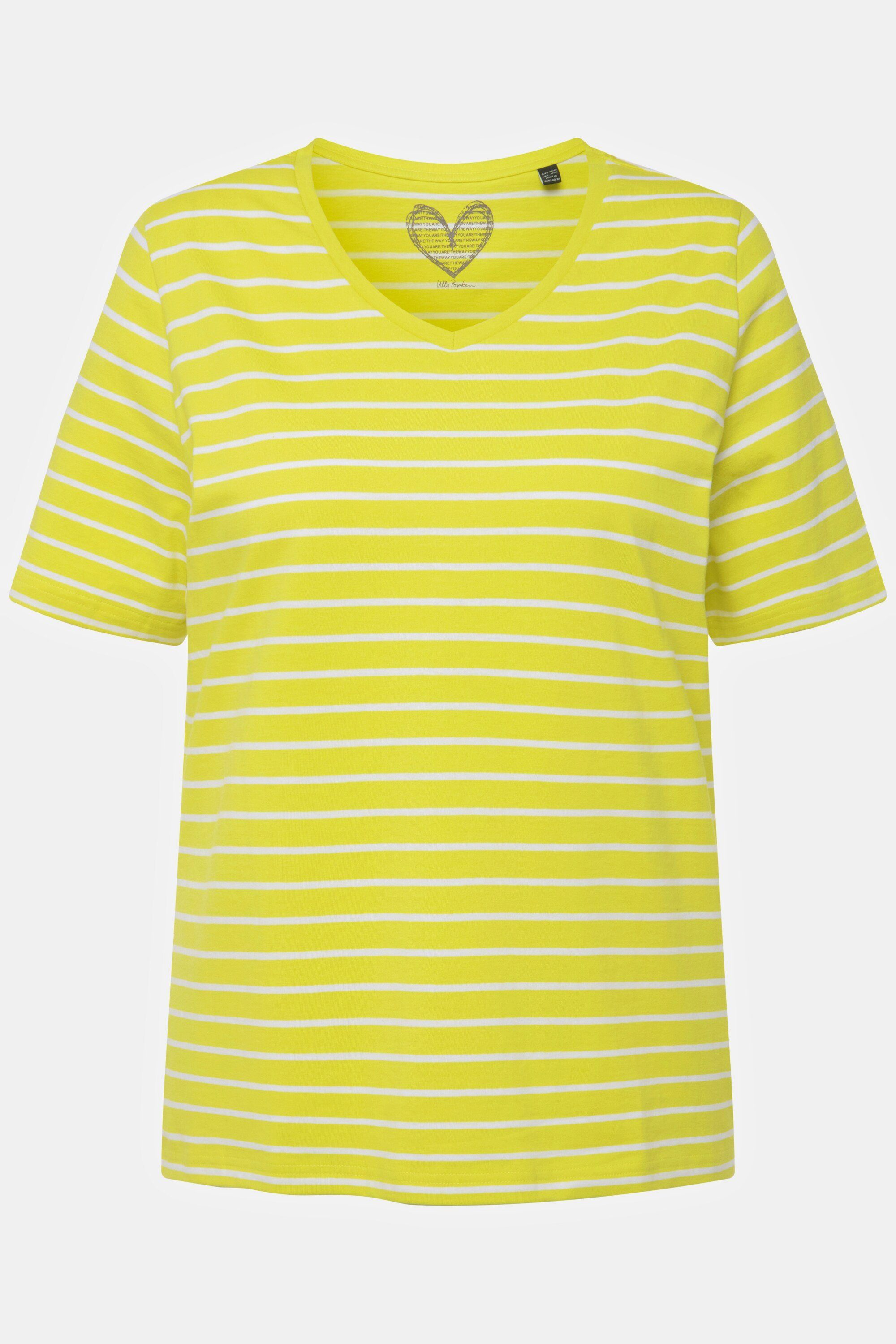 Ulla Popken T-Shirt Halbarm gelbgrün Rundhalsshirt Ringel V-Ausschnitt