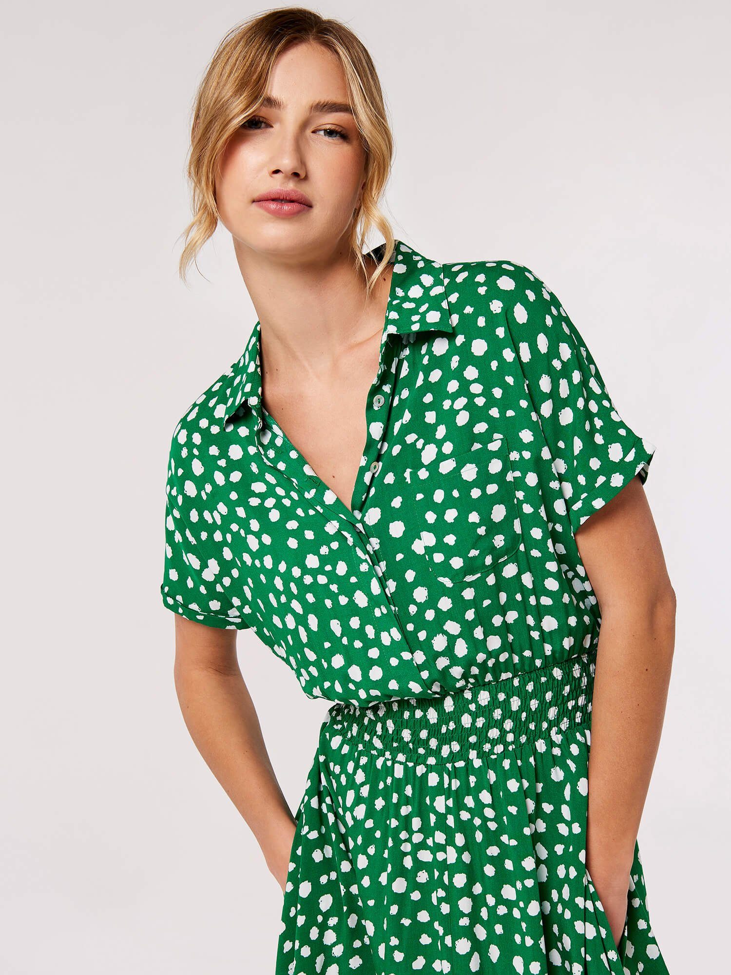 Apricot Druckkleid gepunktetes Midikleid (1-tlg) mit gesmokter Taille günstig online kaufen