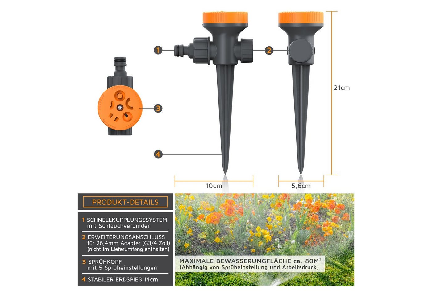 Thumbnail - Brandson Versenkregner, 21 cm lang, (1-St), 5 Fach Rasensprenger, Rasensprinkler, Flächenregner, Garten Sprinkler