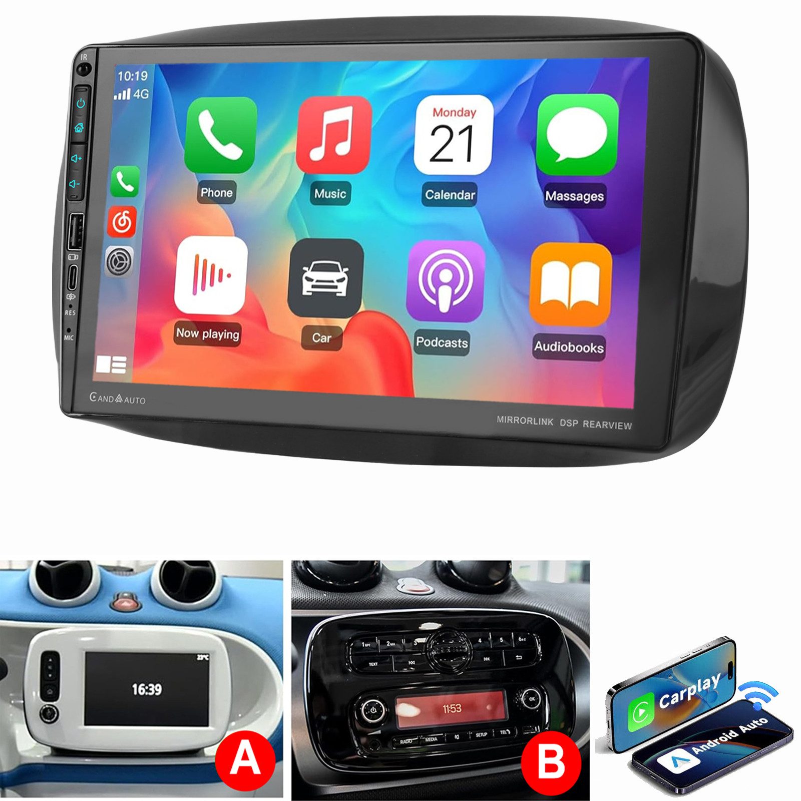ESSGOO Für Mercedes Benz Smart Forfour Fortwo 453 2014-2019 Mit Type USB Autoradio (Digitalradio (DAB), RDS, FM, AM, Apple Carplay Android Auto NAVI SWC RDS WIFI EQ)