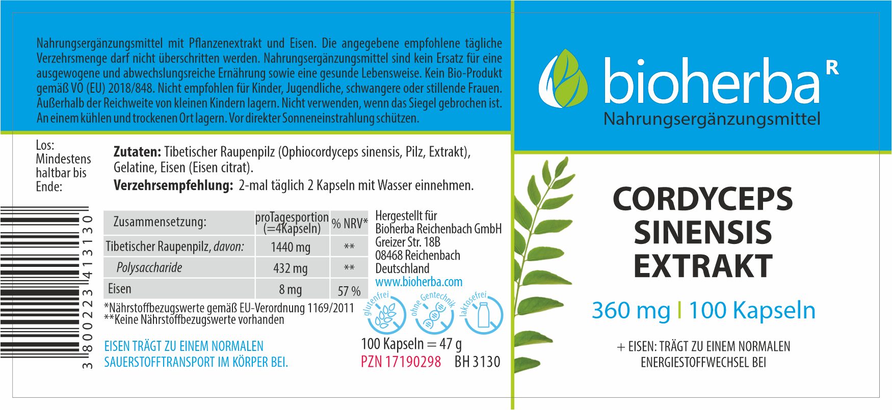 BIOHERBA R Cordyceps Sinensis Extrakt 360 mg 100 Kapseln Nahrungsergänzungsmittel