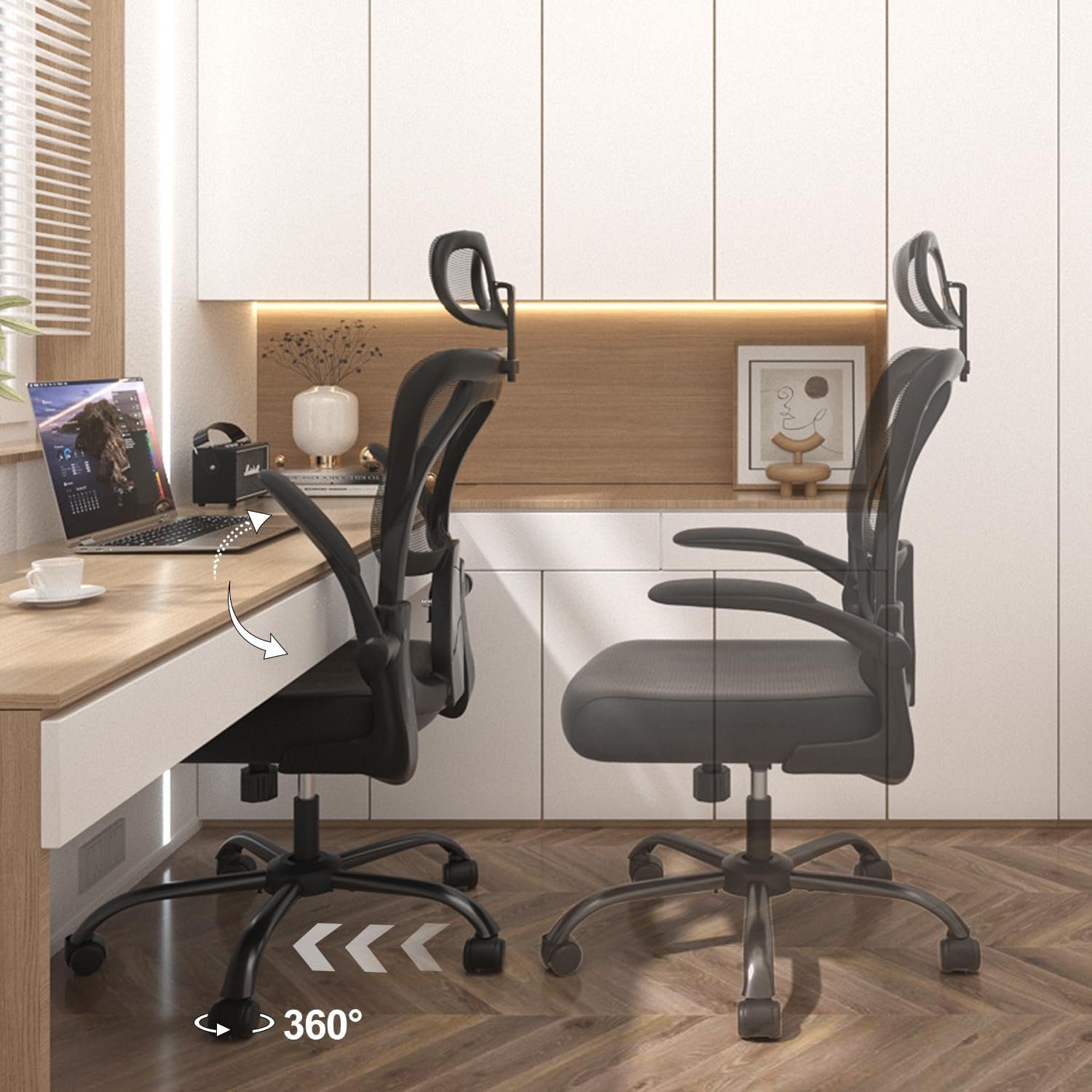 Devoko Bürostuhl (Ergonomischer Burostuhl,Schreibtischstuhl mit Drehstuhl Sitz), Armlehnen Bürostuhl Computerstuhl Verstellbarer Ergonomischer Klappbaren