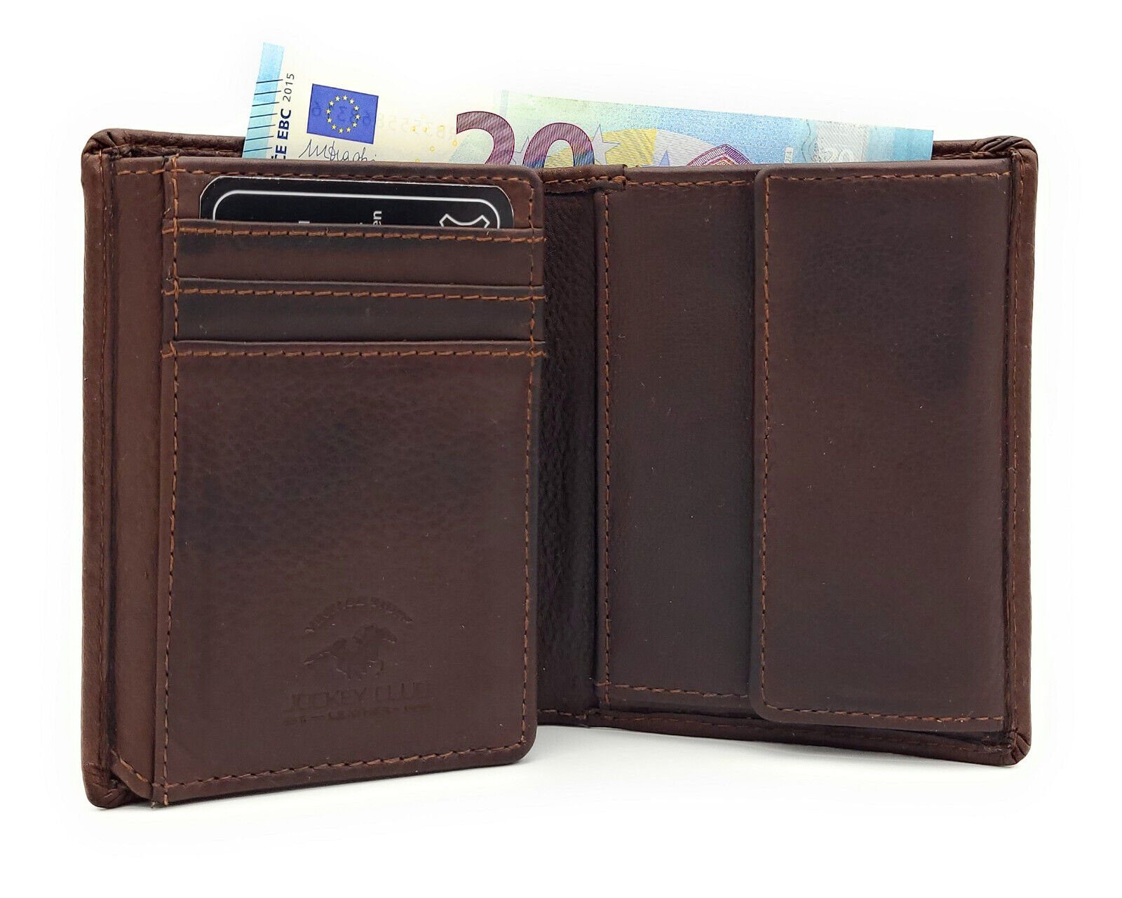 JOCKEY CLUB Mini Geldbörse echt Leder Portemonnaie Midi mit RFID Schutz, Vintage, gewachstes Rindleder, dunkelbraun | Mini-Geldbörsen