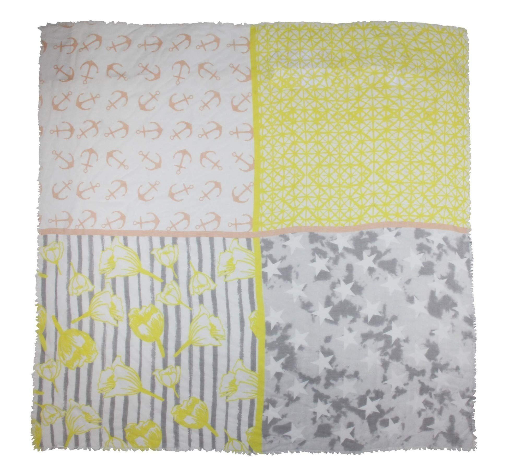 Vanessa & Melissa Modetuch Leichter sommerlicher Damen, Schal mit Blumen Sterne Anker Muster Quadrat, Sommerschal