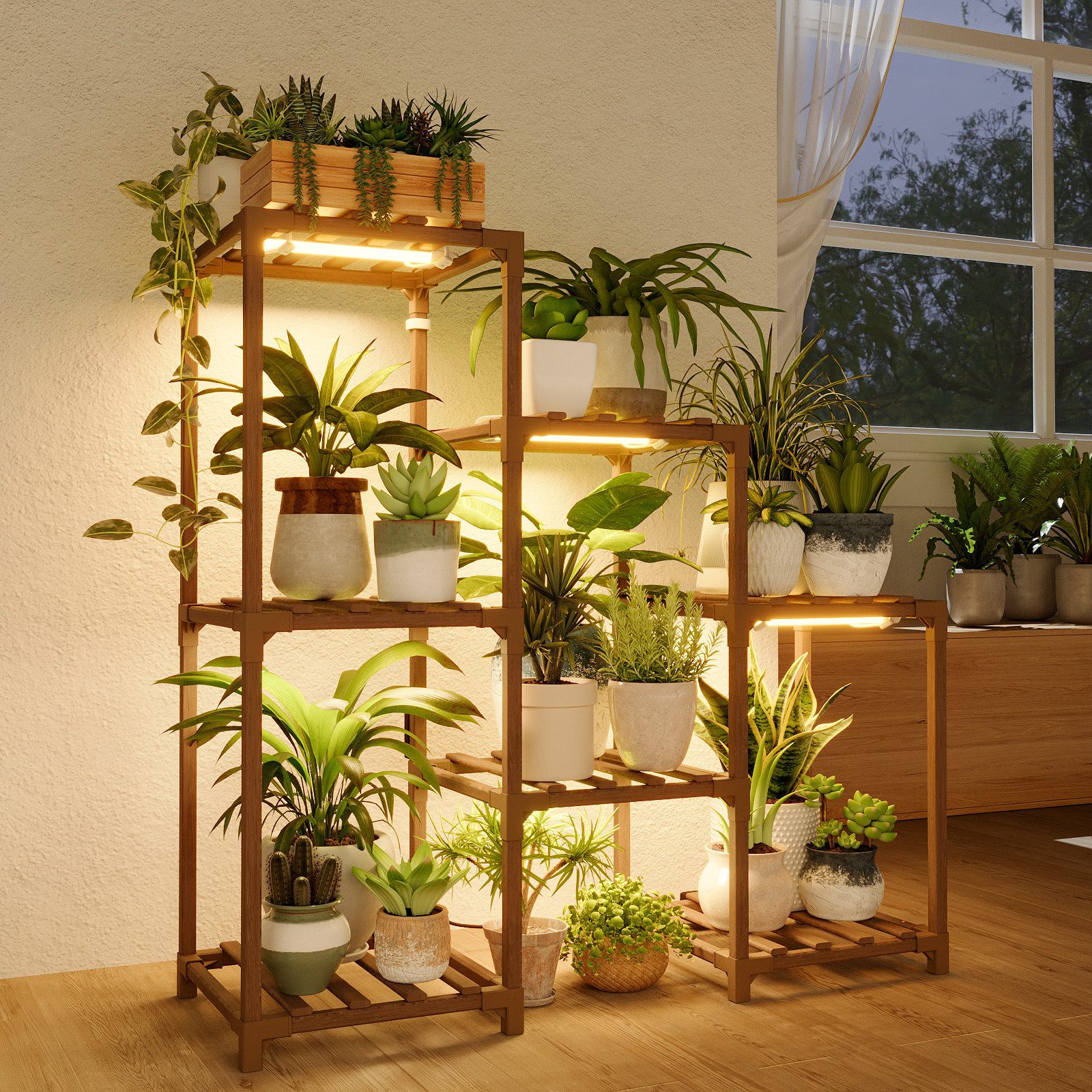 Bamworld Blumenständer Pflanzenständer mit Pflanzenlampe, Holzregal mit Warmlicht (1 St), 3 Ebenen, platzsparend, ideal für kleine Räume