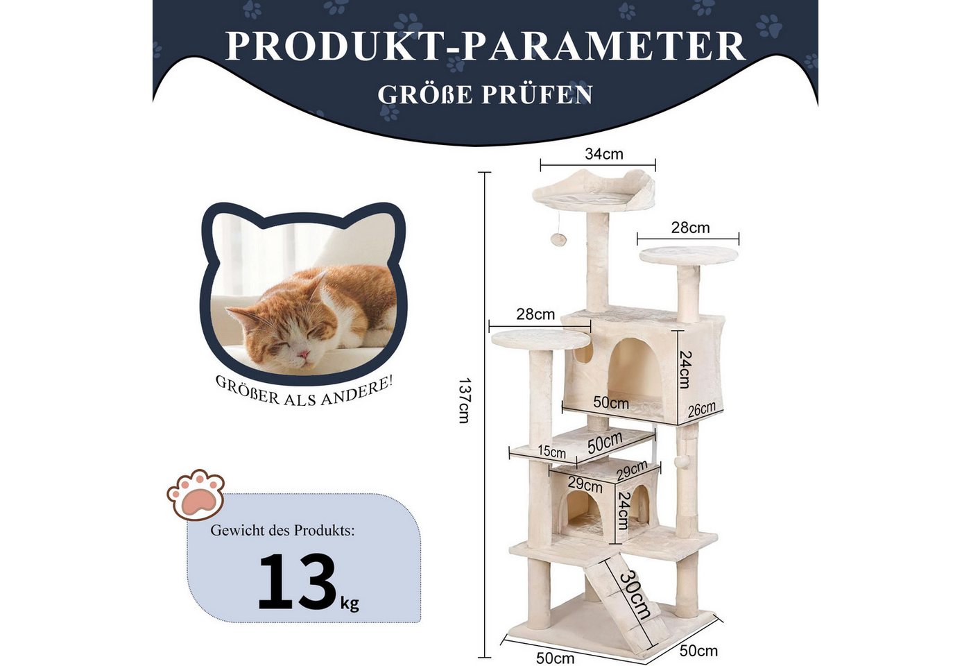 Thumbnail - SURFOU Kratzbaum für Katzen katzenkratzbaum Cat Tree Katzenbaum 138cm, Sisalseil & Plüsch Cat Scratching Post Gemütliche...