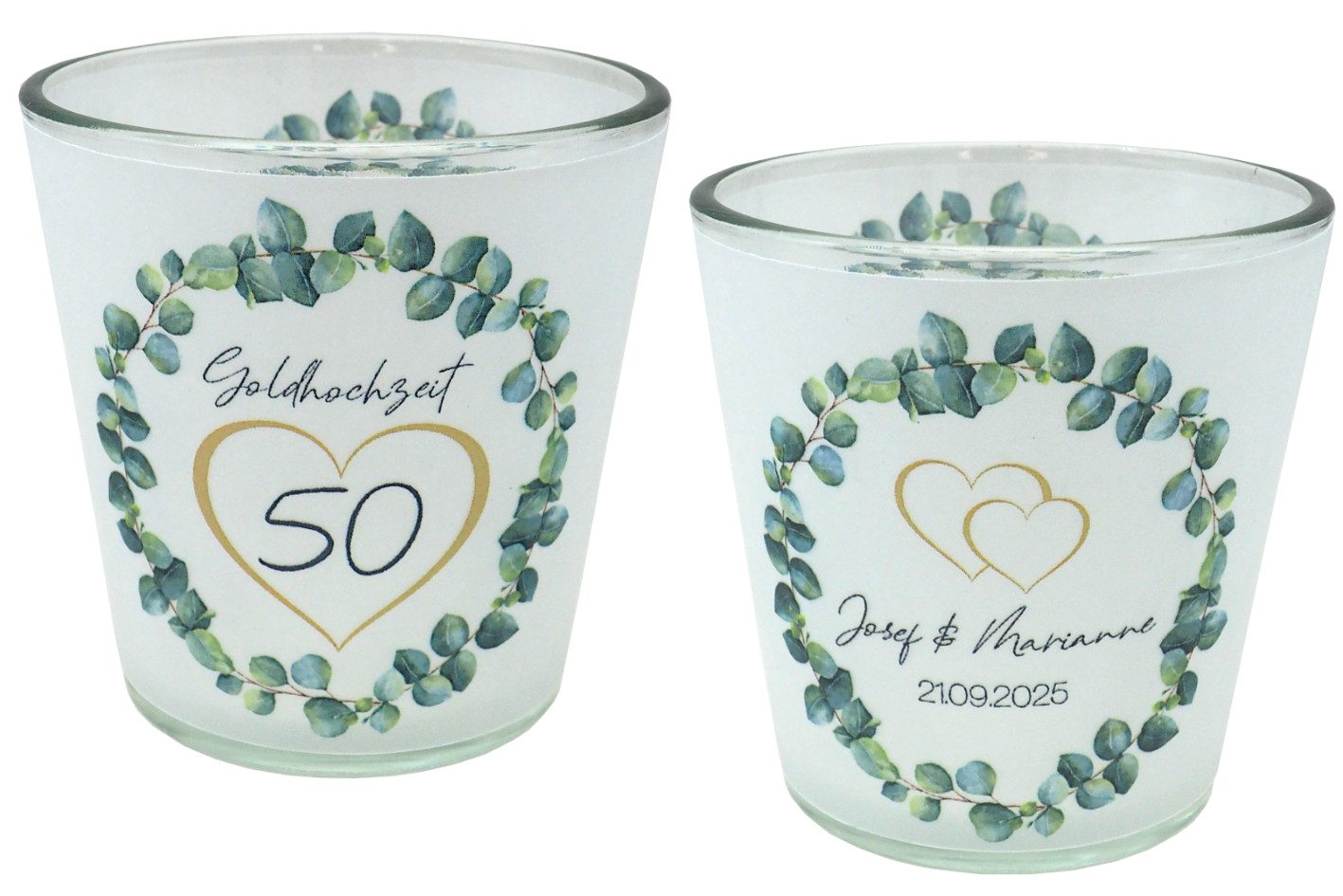 ZauberDeko Windlicht Windlicht Banderole Goldhochzeit Eukalyptus PERSONALISIERT 7,5cm H