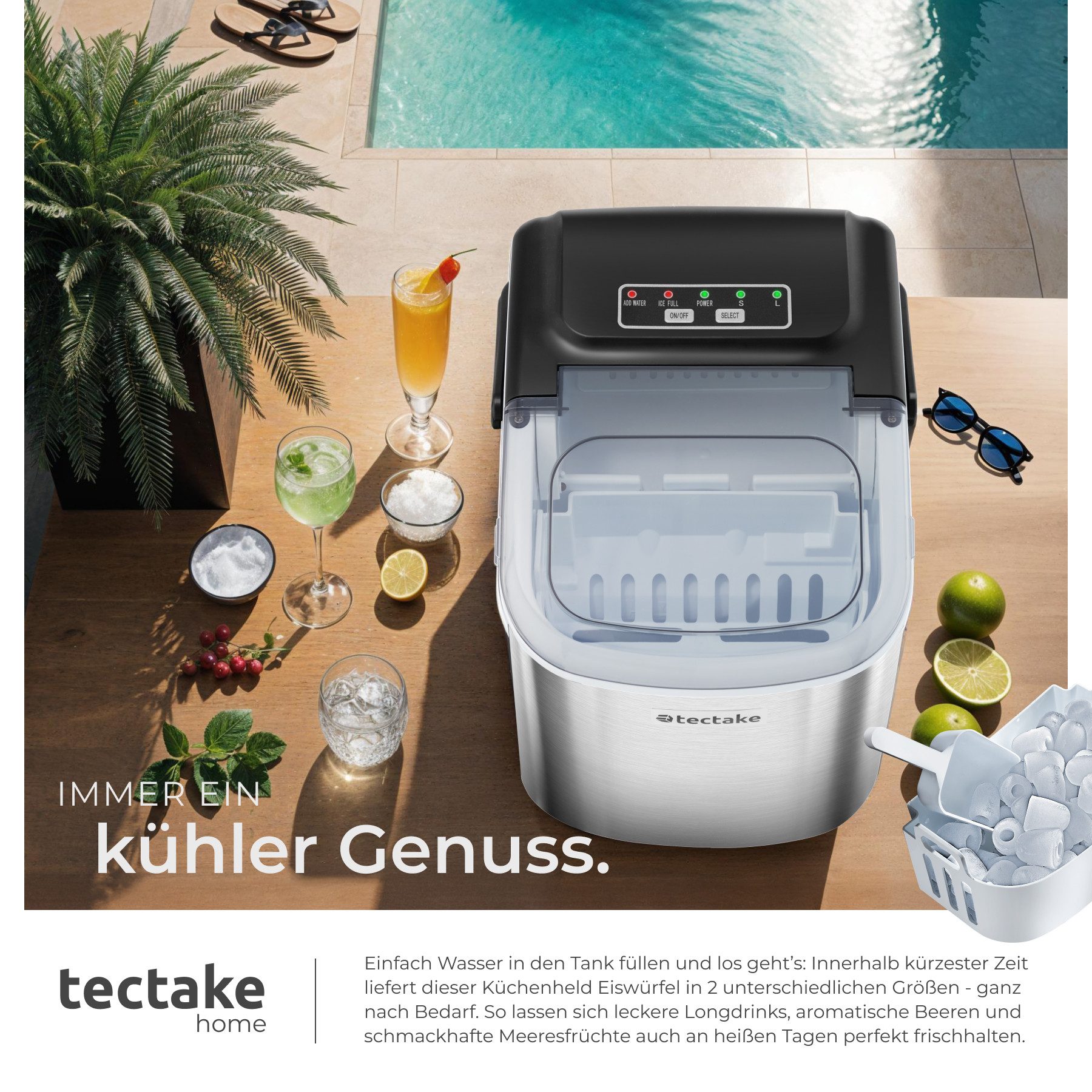tectake Elektrischer Eiswürfelbereiter Eiswürfelmaschine, Eiskorb & Eisschaufel, rutschfeste Kunststofffüße, 1,2 l Wassertank, 12 kg in 24 h, Reinigungsprogramm, abnehmbarer Griff