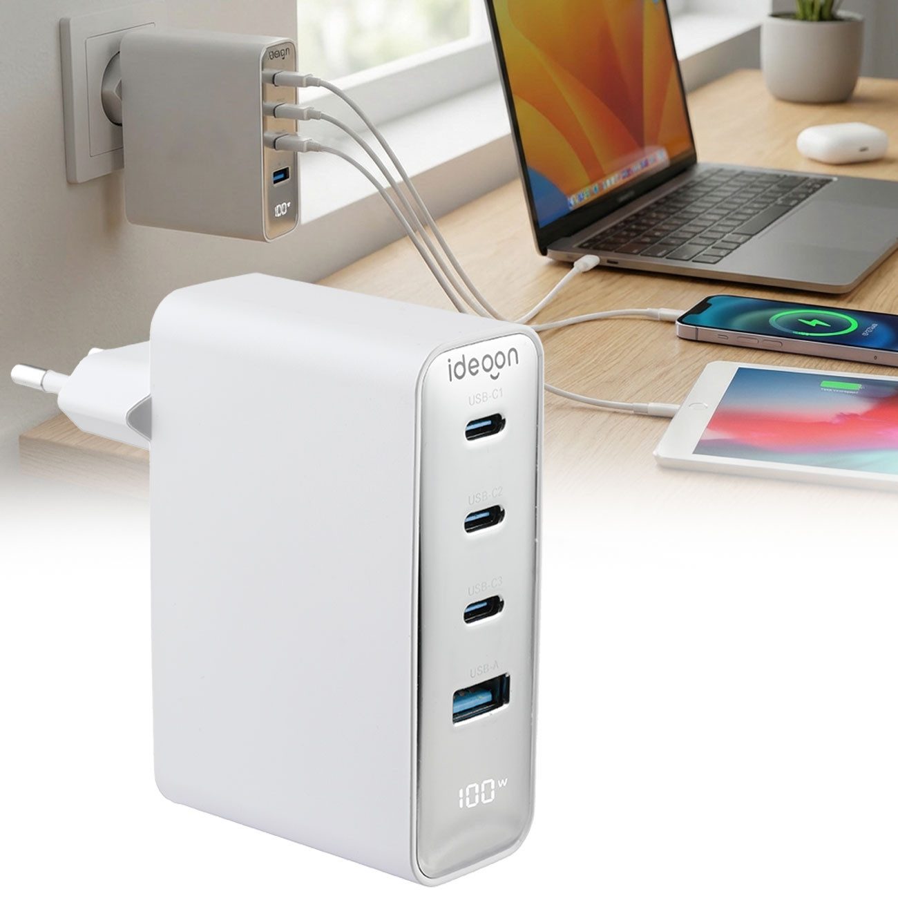 shop'n smile ideoon USB-Ladegerät 4 Ports 3x USB-C&1x USB-A Schnellladegerät LED-Display USB-Ladegerät (1-tlg., GaN III Technologie)