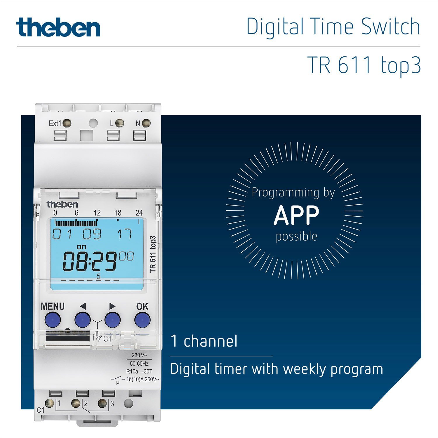 theben Zeitschaltuhr TR 611 top3 6110130, App-Bedienung, Direktwahltasten, Wochenprogramm, digital, 1 Kanal-Zeitschaltuhr, App, externer Eingag