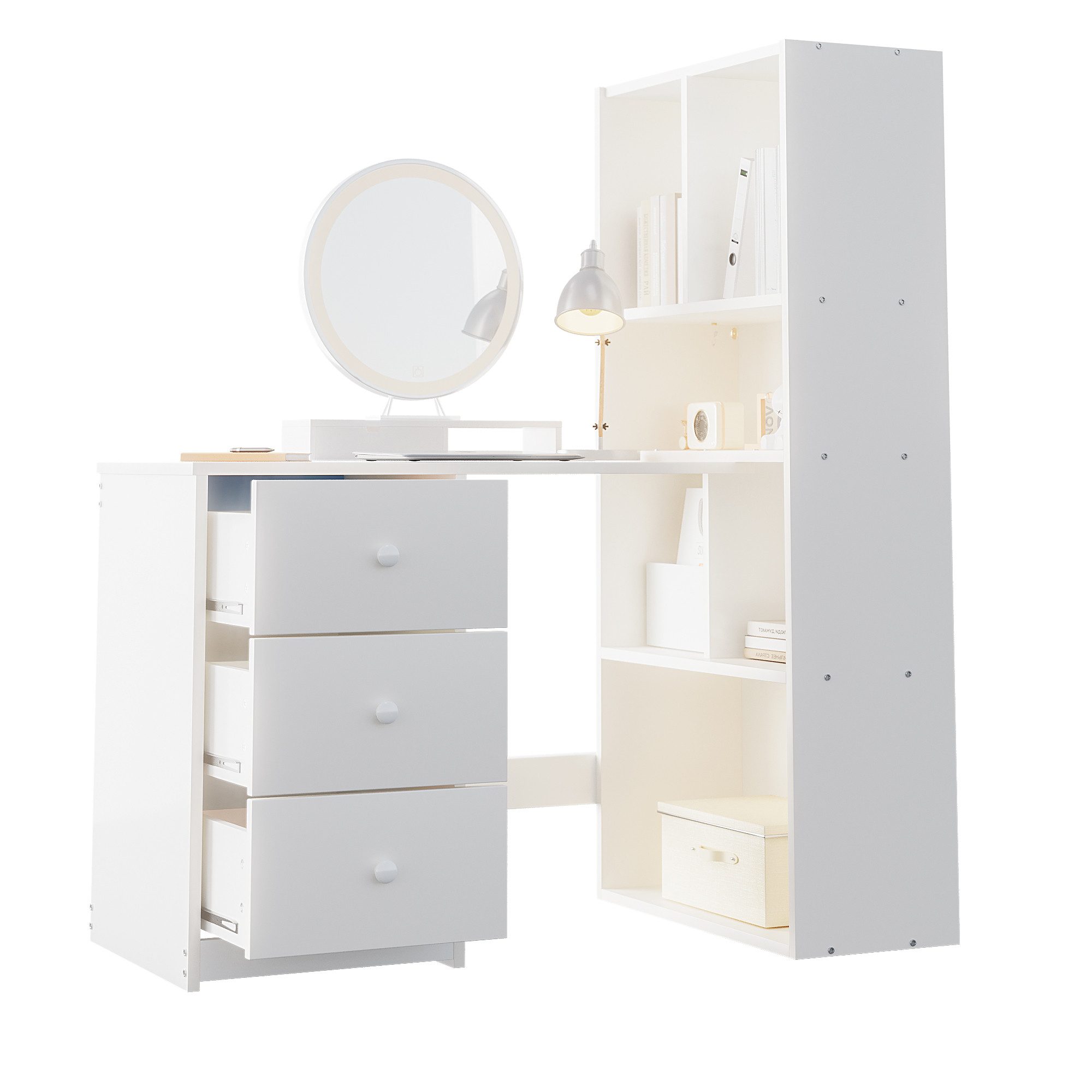 STILVORA Hochbett mit Bücherregal,Schreibtisch Ecktisch mit Schubladen&Ablagefächern (mit Bücherregal, 4 Ablagefächer & 3 ausziehbaren Schubladen) 117 × 63 × 135 cm