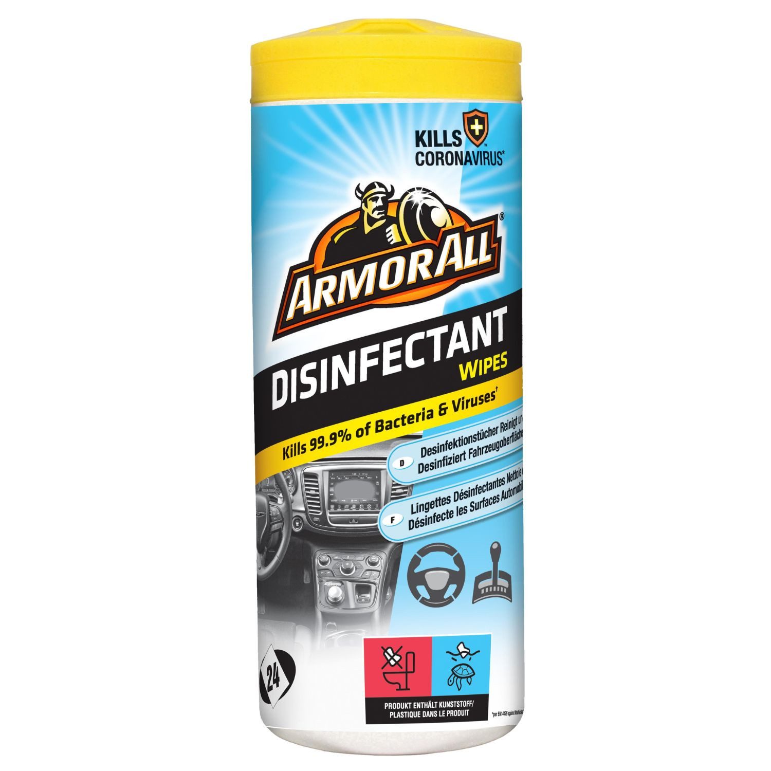 Armor All Desinfektionstücher Dose 24 Stück Tücher Wipes Oberflächen-Desinfektionsmittel (Dose, [24-St. Flächendesinfektion Reinigungstücher Auto Reinigung + Desinfektion)