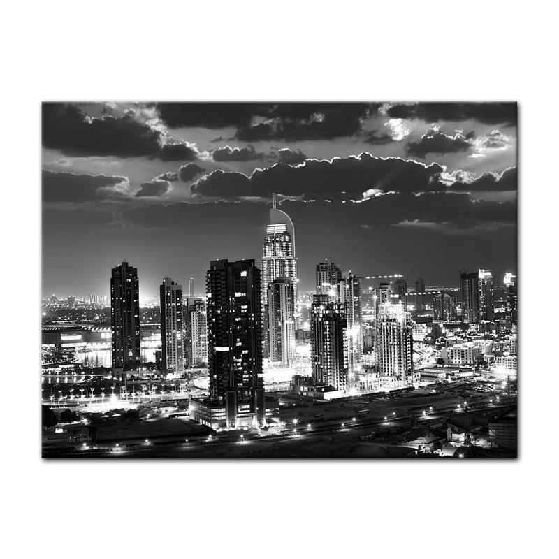 Bilderdepot24 Leinwandbild Dubai bei Nacht schwarz weiß, Städte