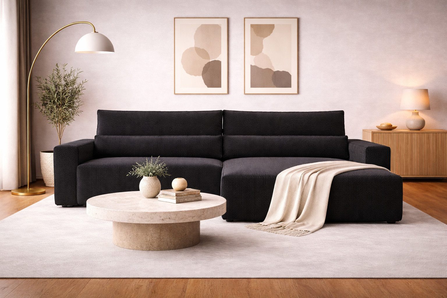 MOEBLO Ecksofa aus Cord DENVER L, Ottomane beidseitig montierbar Couch Cord für Wohnzimmer Schlafsofa Sofagarnitur Sofa Eckcouch L-Form Cordstoff - 290x85x200cm, mit Schlaffunktion und Bettkasten