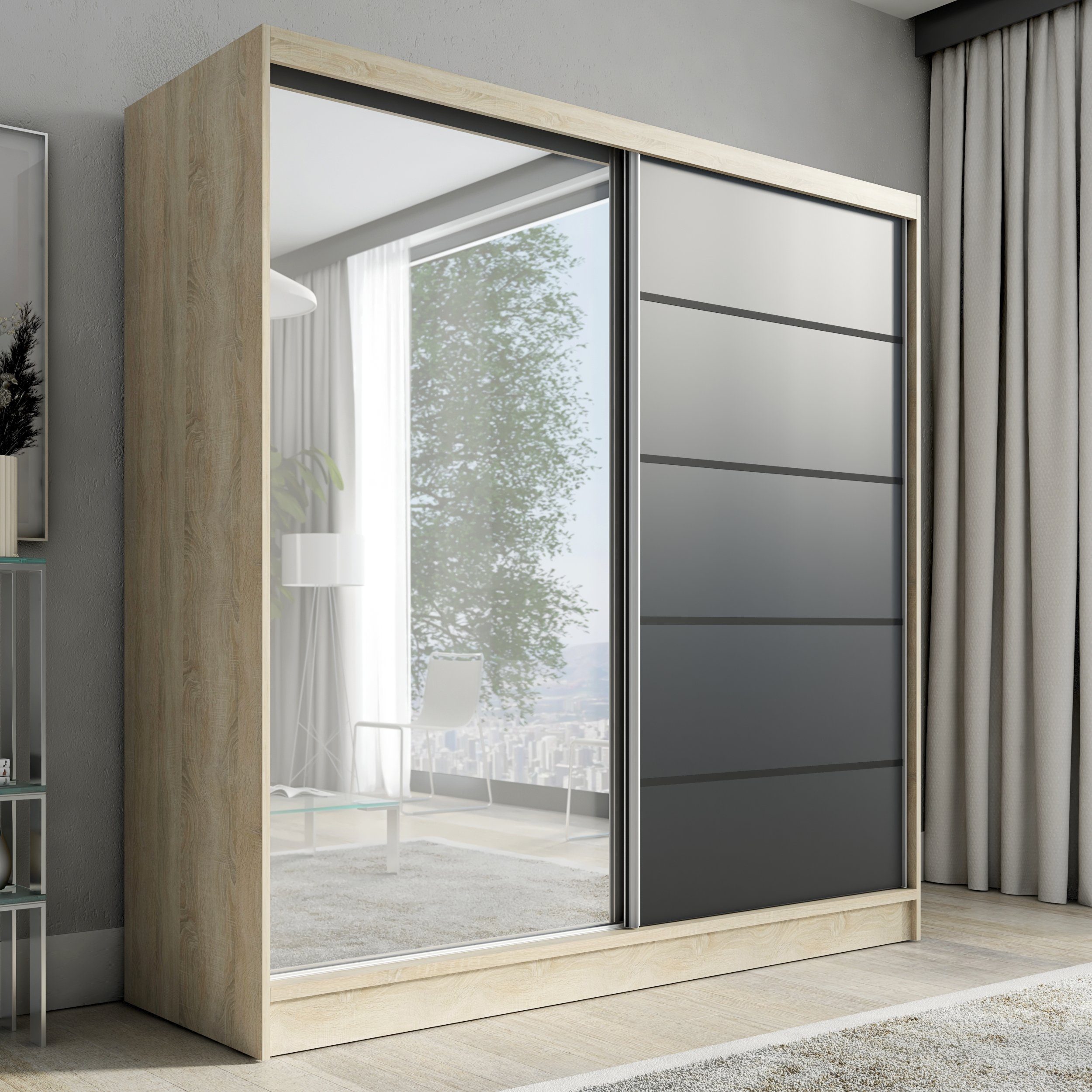 A&J MöbelLand GmbH Schwebetürenschrank NERO 2 200 cm mit Spiegel drei Schub günstig online kaufen