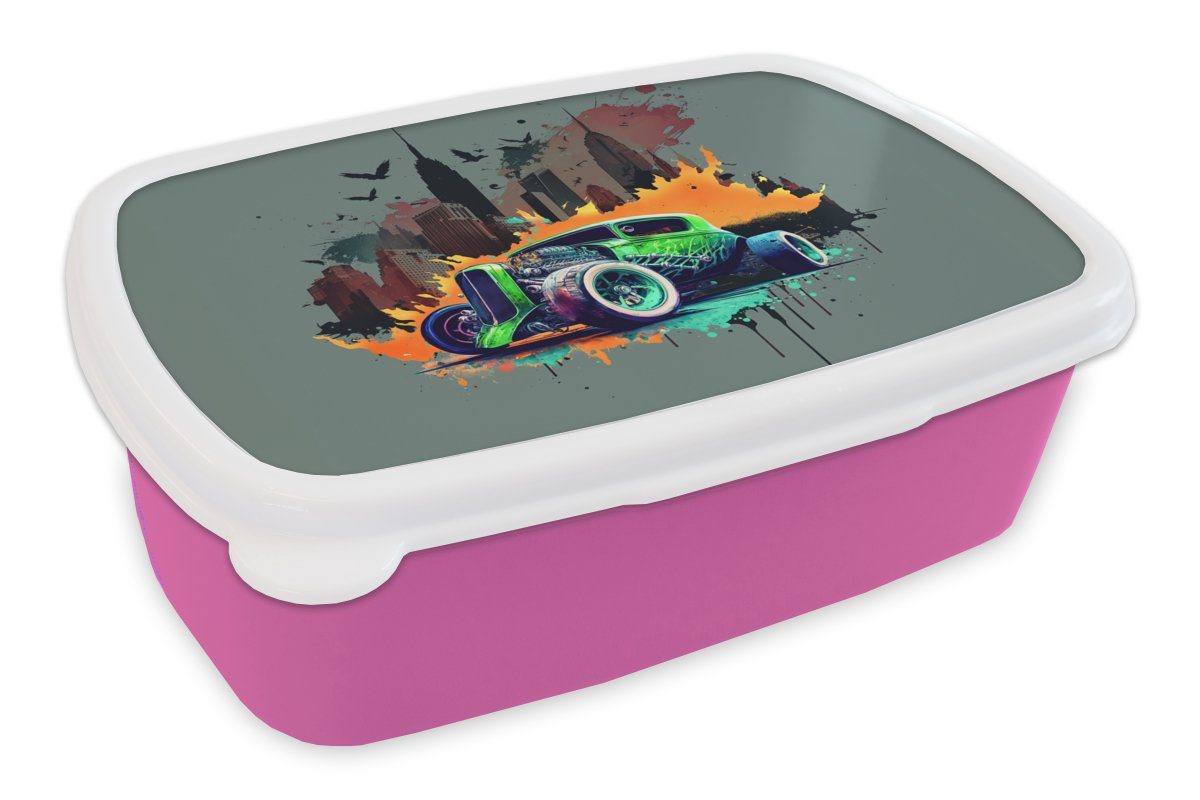 MuchoWow Lunchbox Auto - New York - Graffiti - Grün - Hot Rod, Kunststoff, (2-tlg), Brotbox für Erwachsene, Brotdose Kinder, Snackbox, Mädchen, Kunststoff rosa